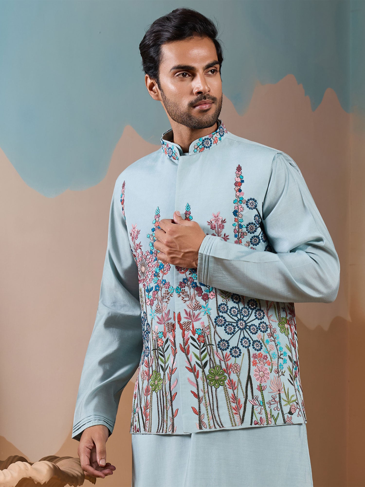 Blue Embroidered Kurta Set With Nehru Jacket