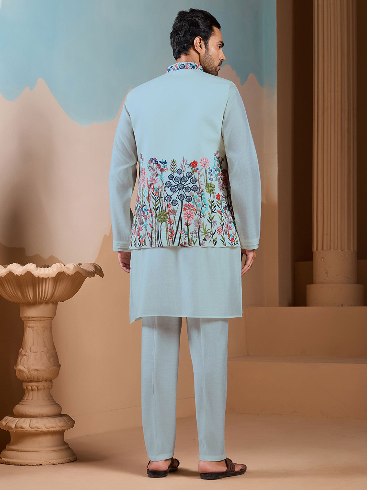 Blue Embroidered Kurta Set With Nehru Jacket
