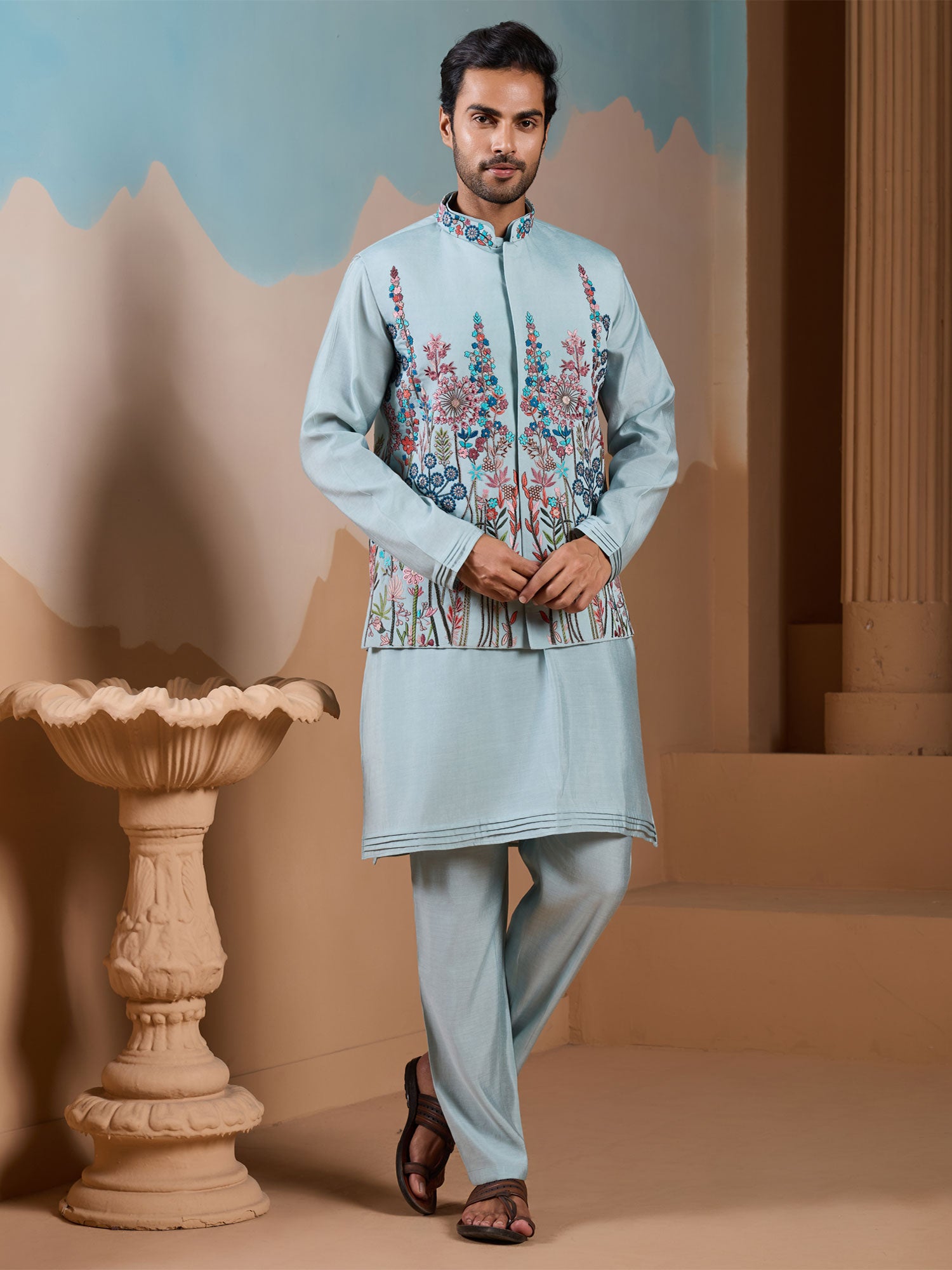 Blue Embroidered Kurta Set With Nehru Jacket