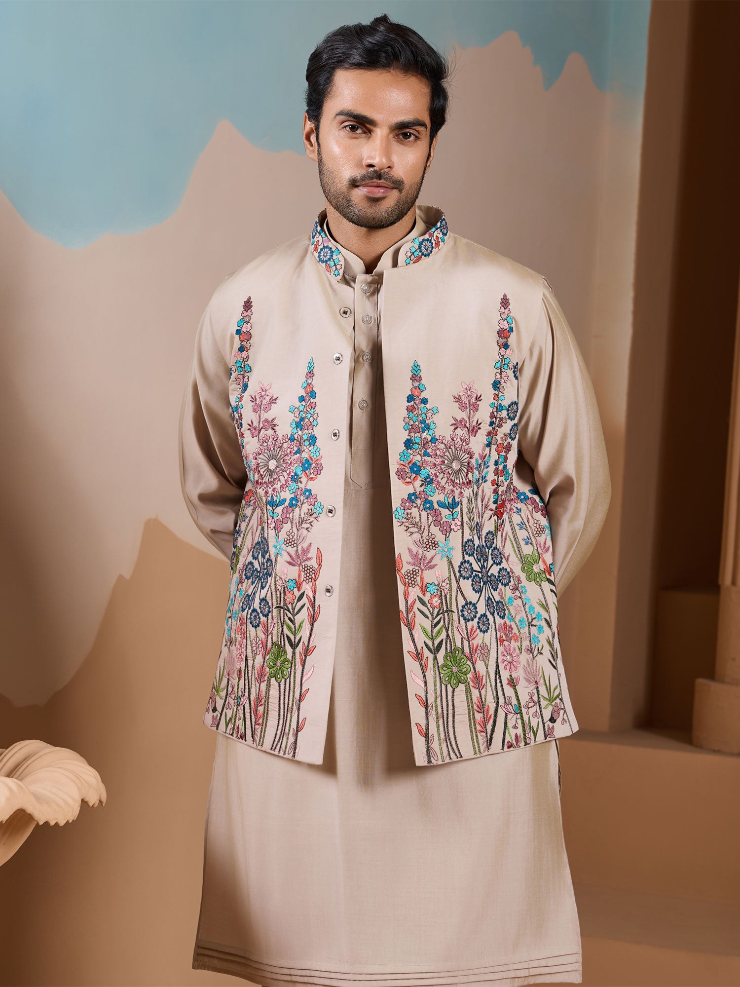 Beige Men's Kurta Set With Embroidered Jacket