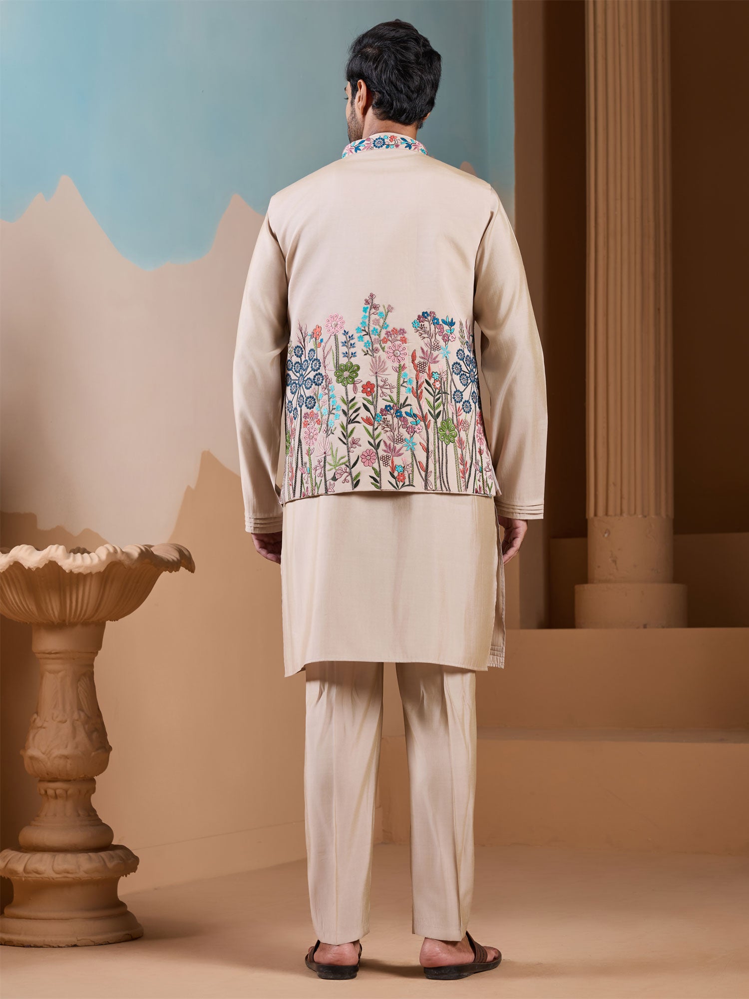 Beige Men's Kurta Set With Embroidered Jacket