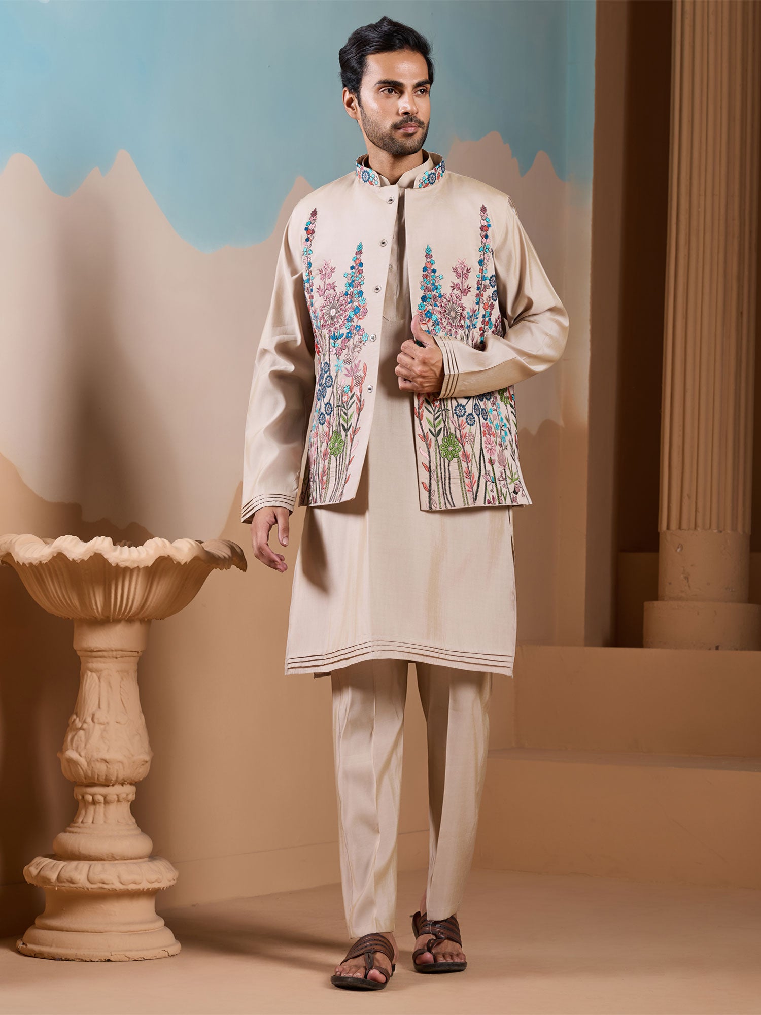 Beige Men's Kurta Set With Embroidered Jacket
