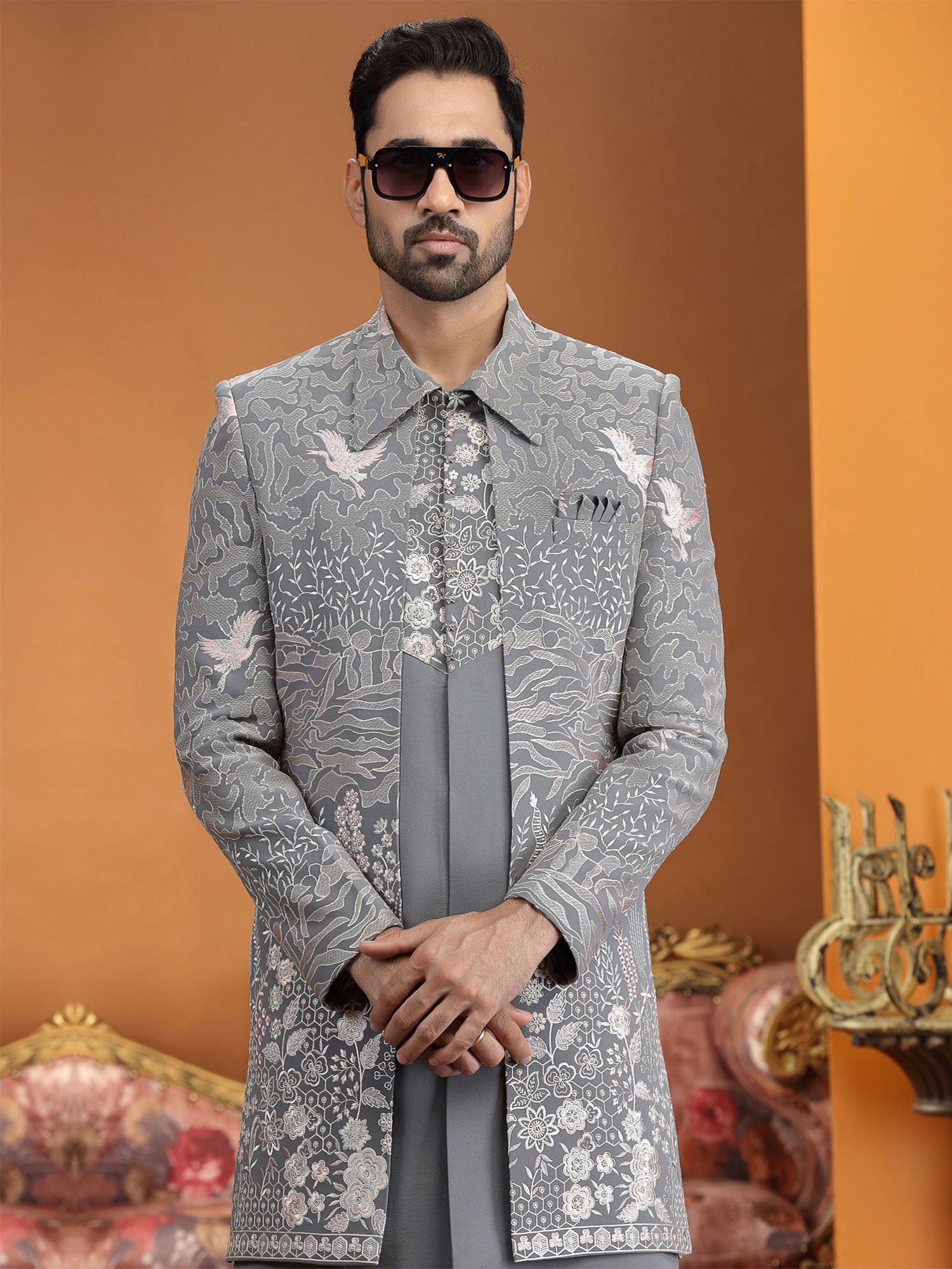 Grey Art Silk Men's Indowestern Set With Jacket