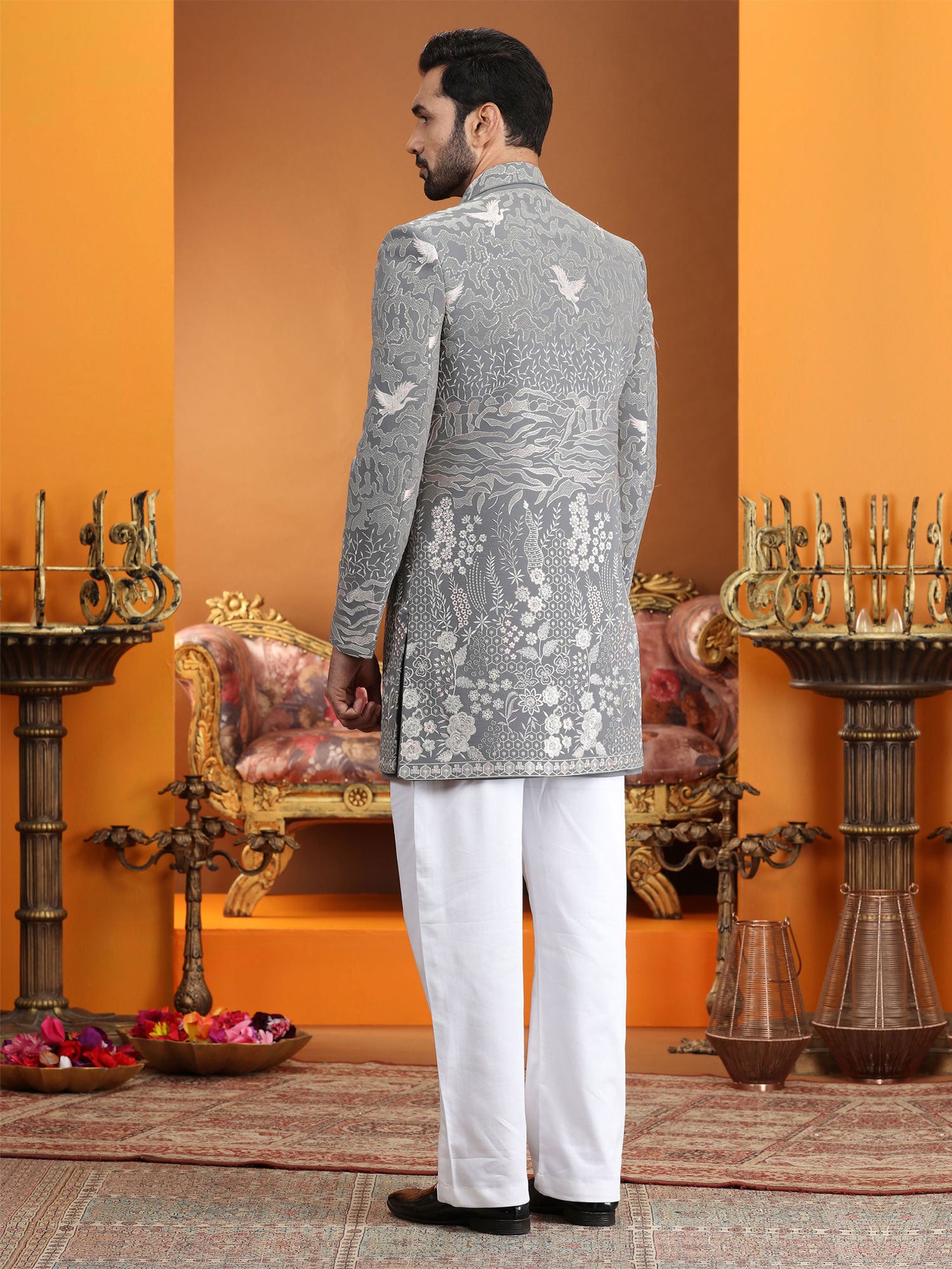 Grey Art Silk Men's Indowestern Set With Jacket