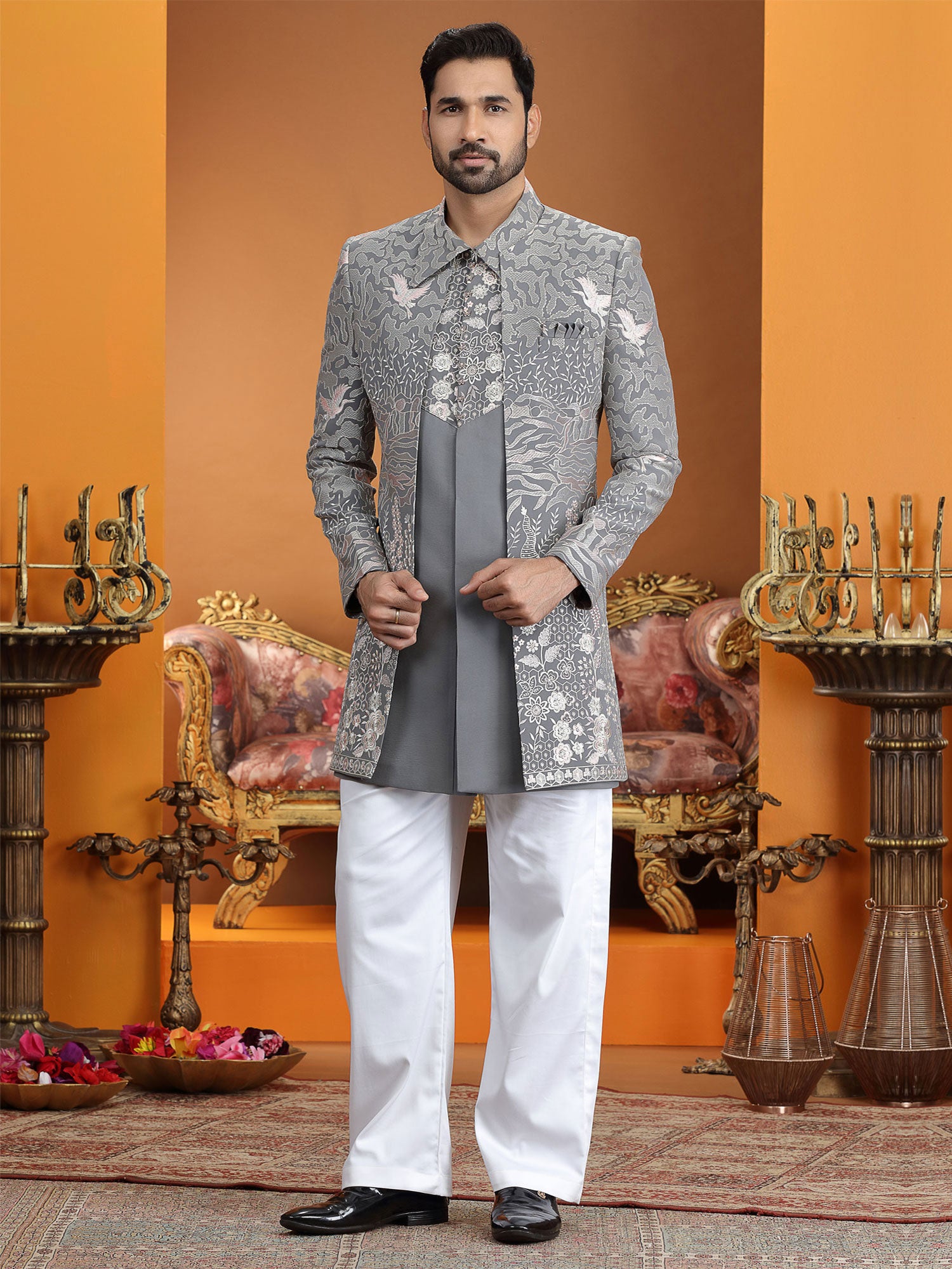 Grey Art Silk Men's Indowestern Set With Jacket