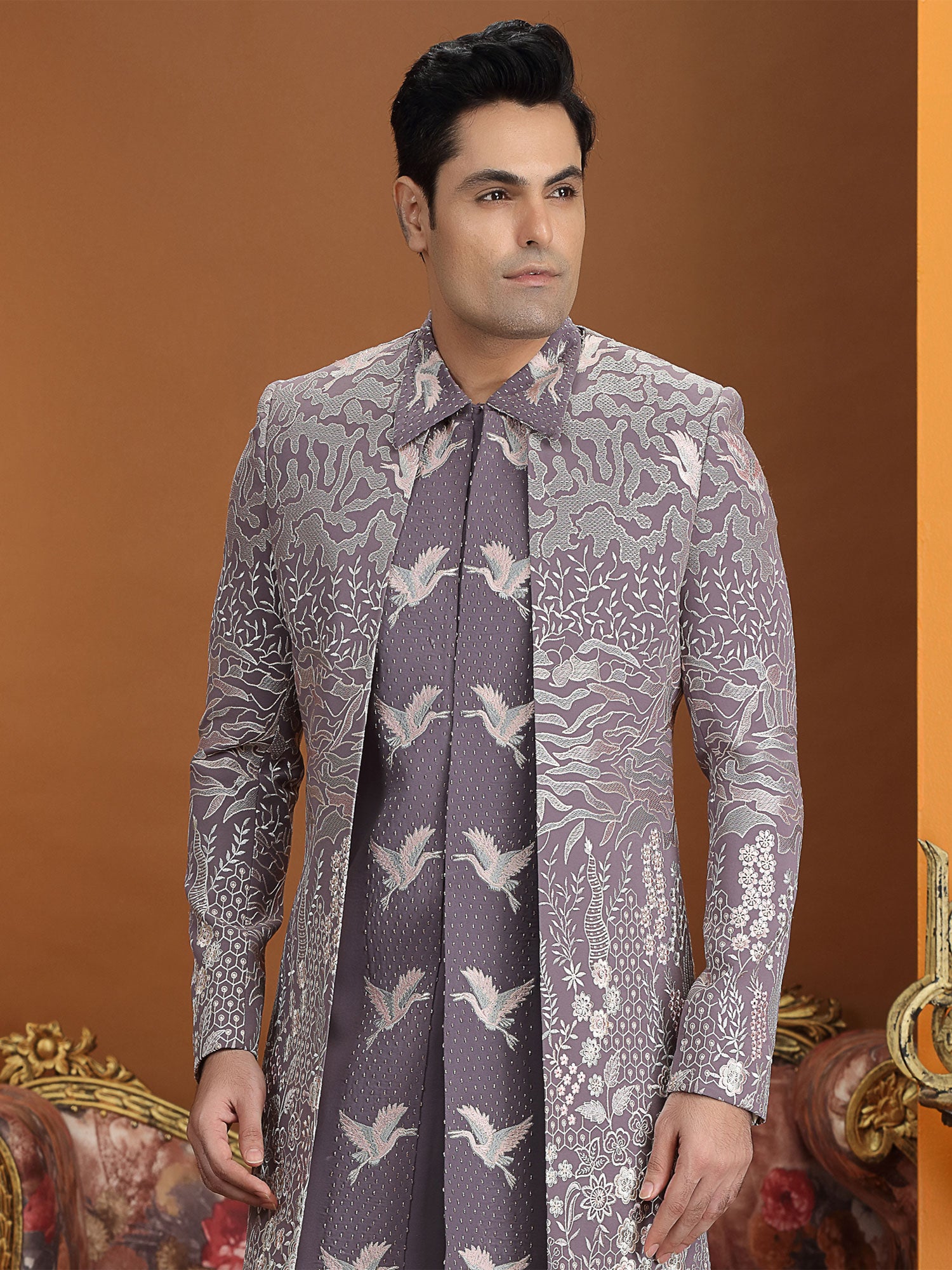 Mauve Floral Augmented Indo Western With Jacket