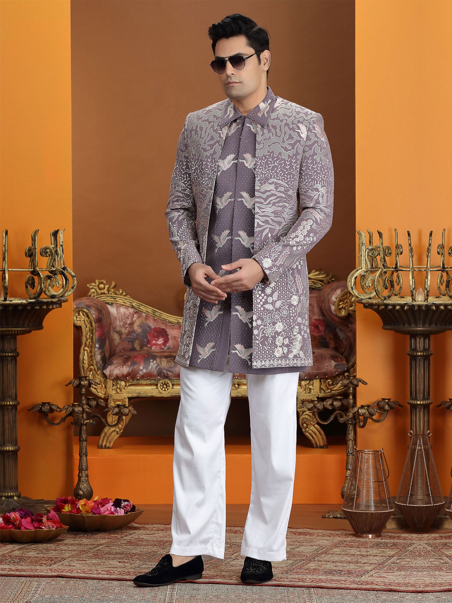 Mauve Floral Augmented Indo Western With Jacket