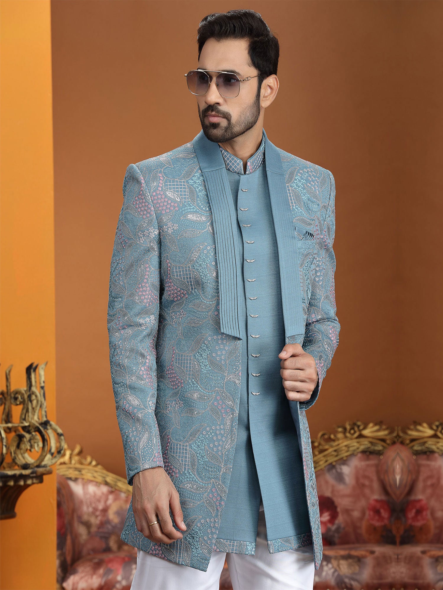 Blue Wedding Wear Indo Western Set In Silk