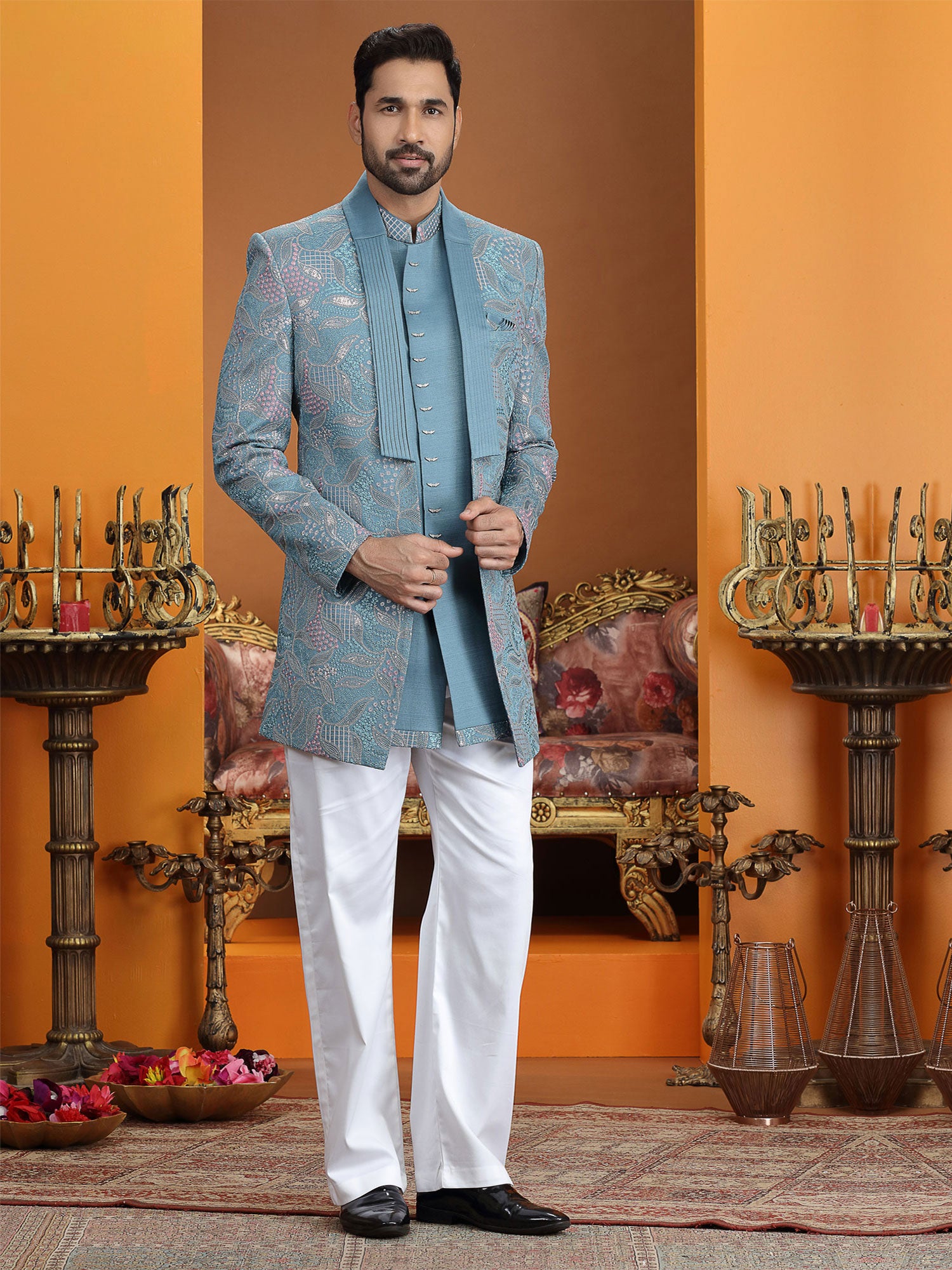 Blue Wedding Wear Indo Western Set In Silk
