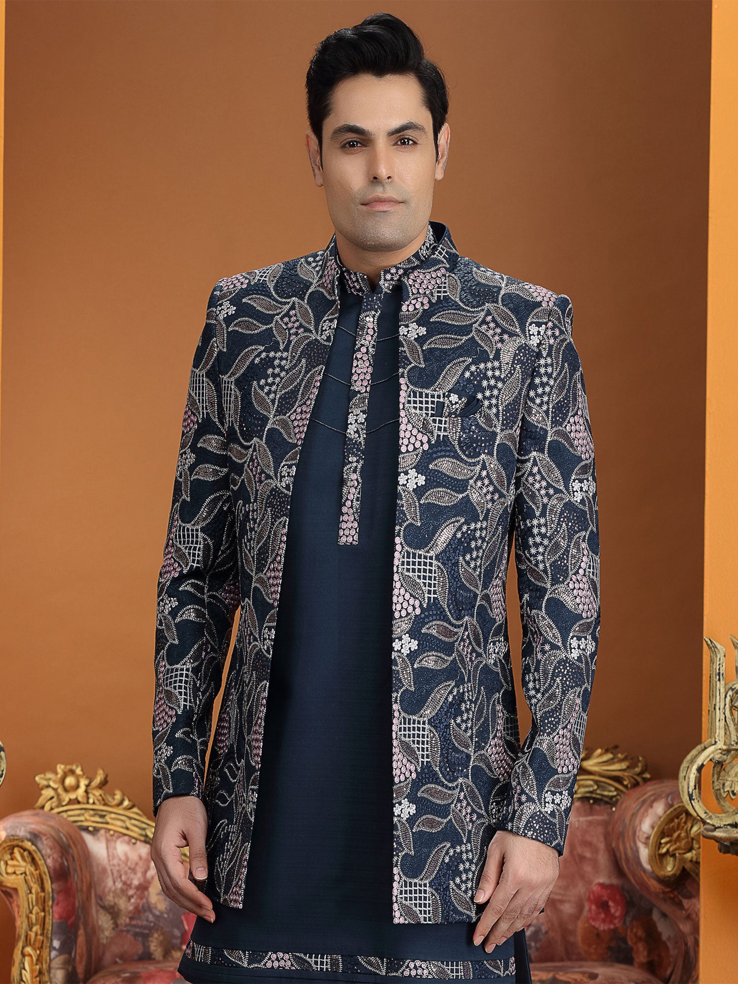 Navy Blue Silk Indowestern With Embroidered Jacket