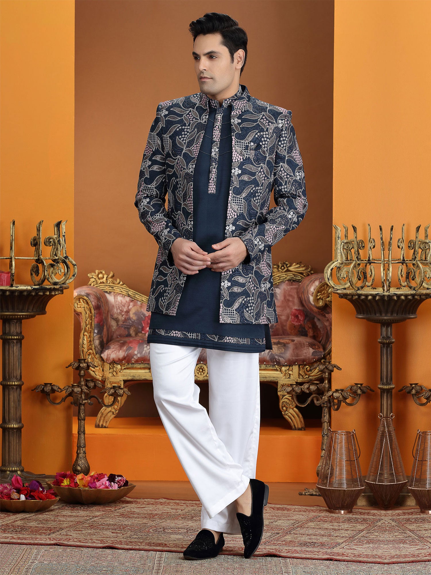 Navy Blue Silk Indowestern With Embroidered Jacket