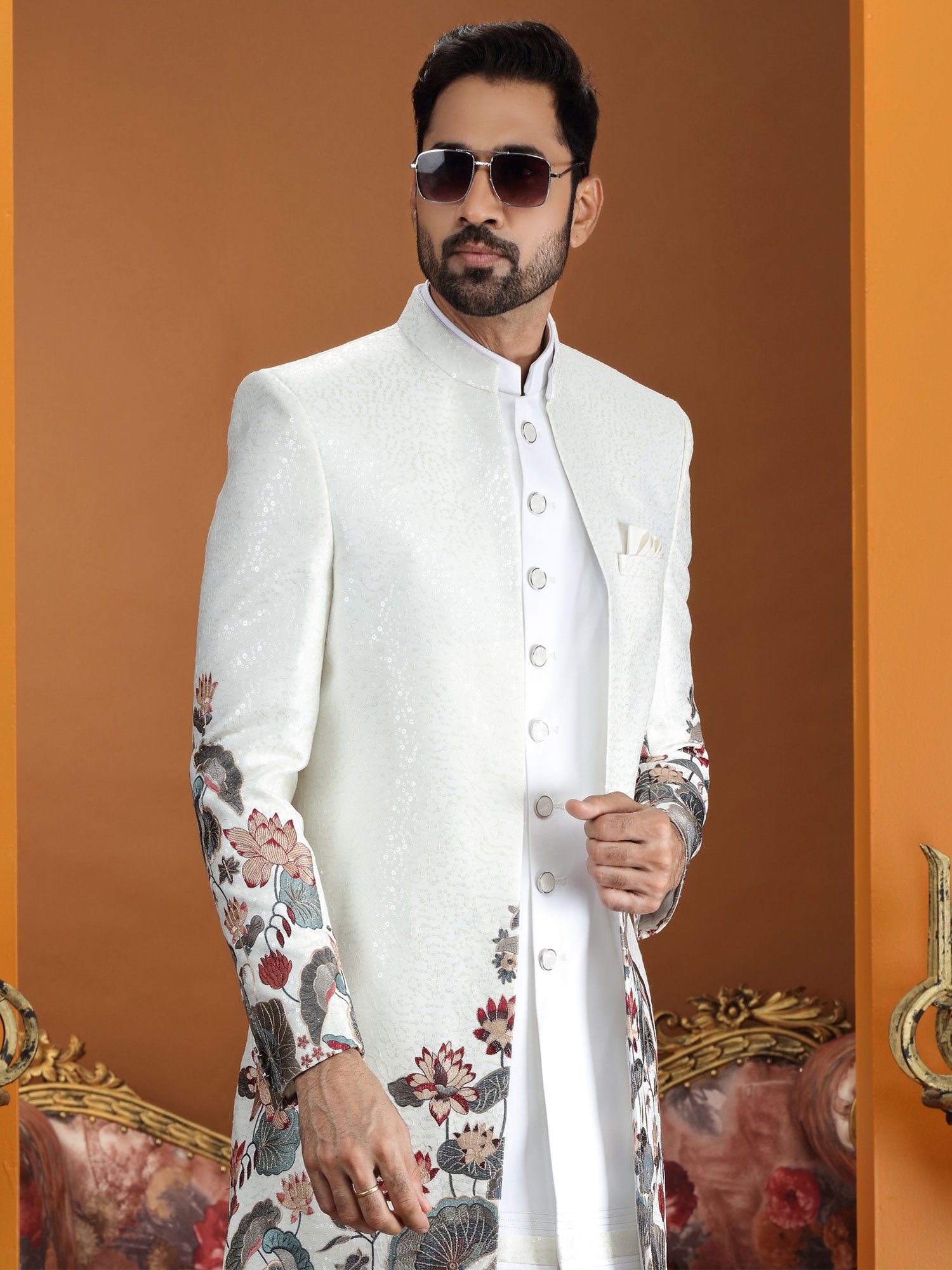 White Sequins Work Embellished Men's Indowestern