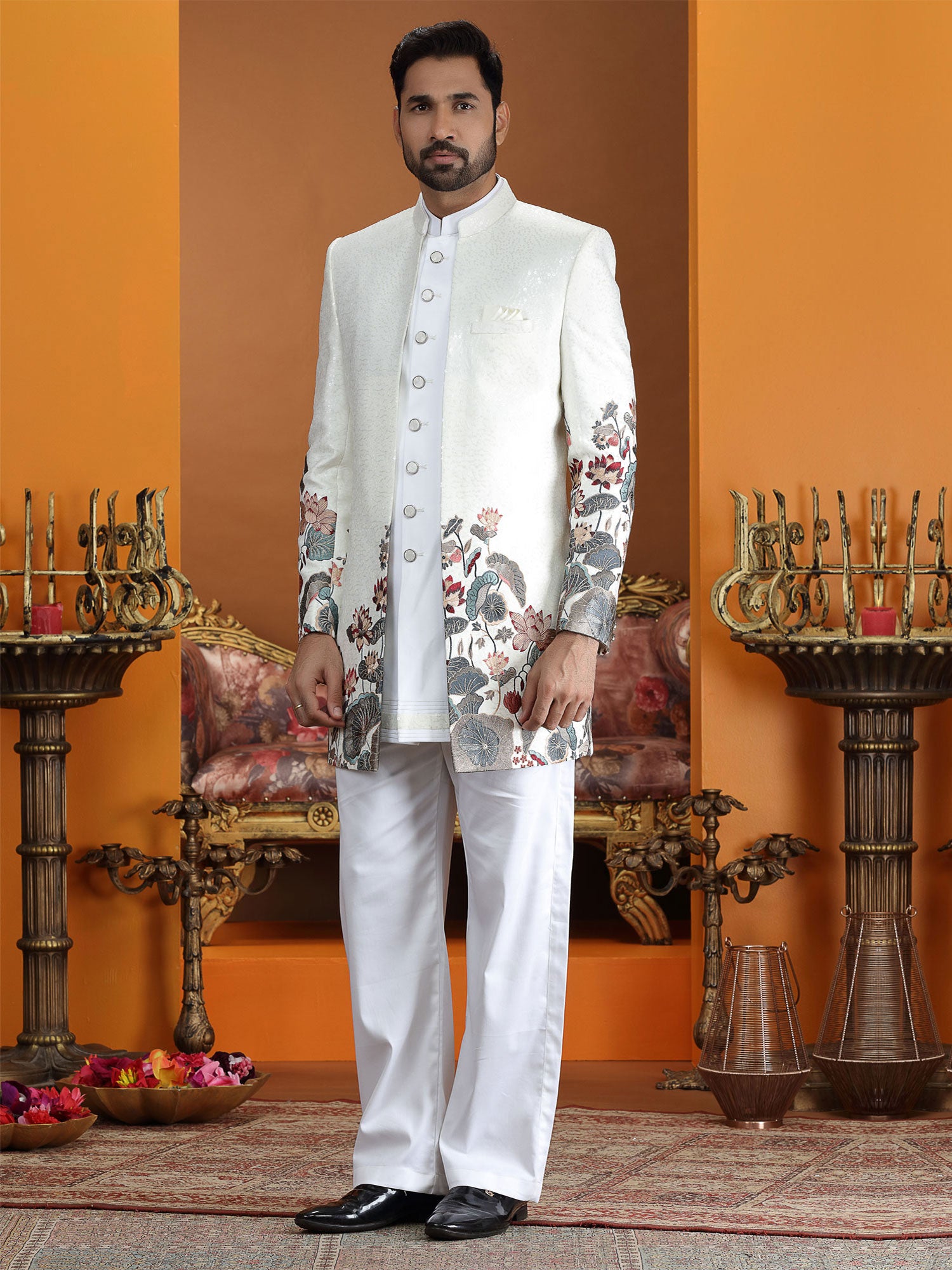 White Sequins Work Embellished Men's Indowestern