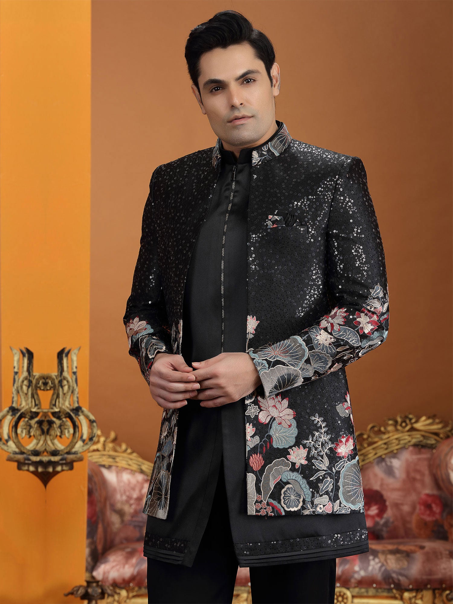 Black Men's Indo Western In Floral Embellishments