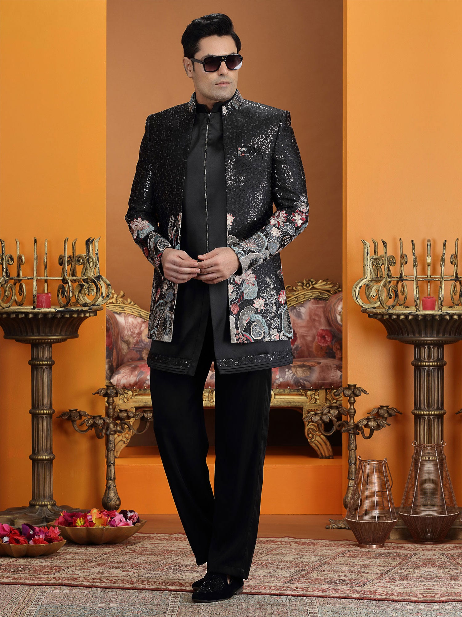 Black Men's Indo Western In Floral Embellishments