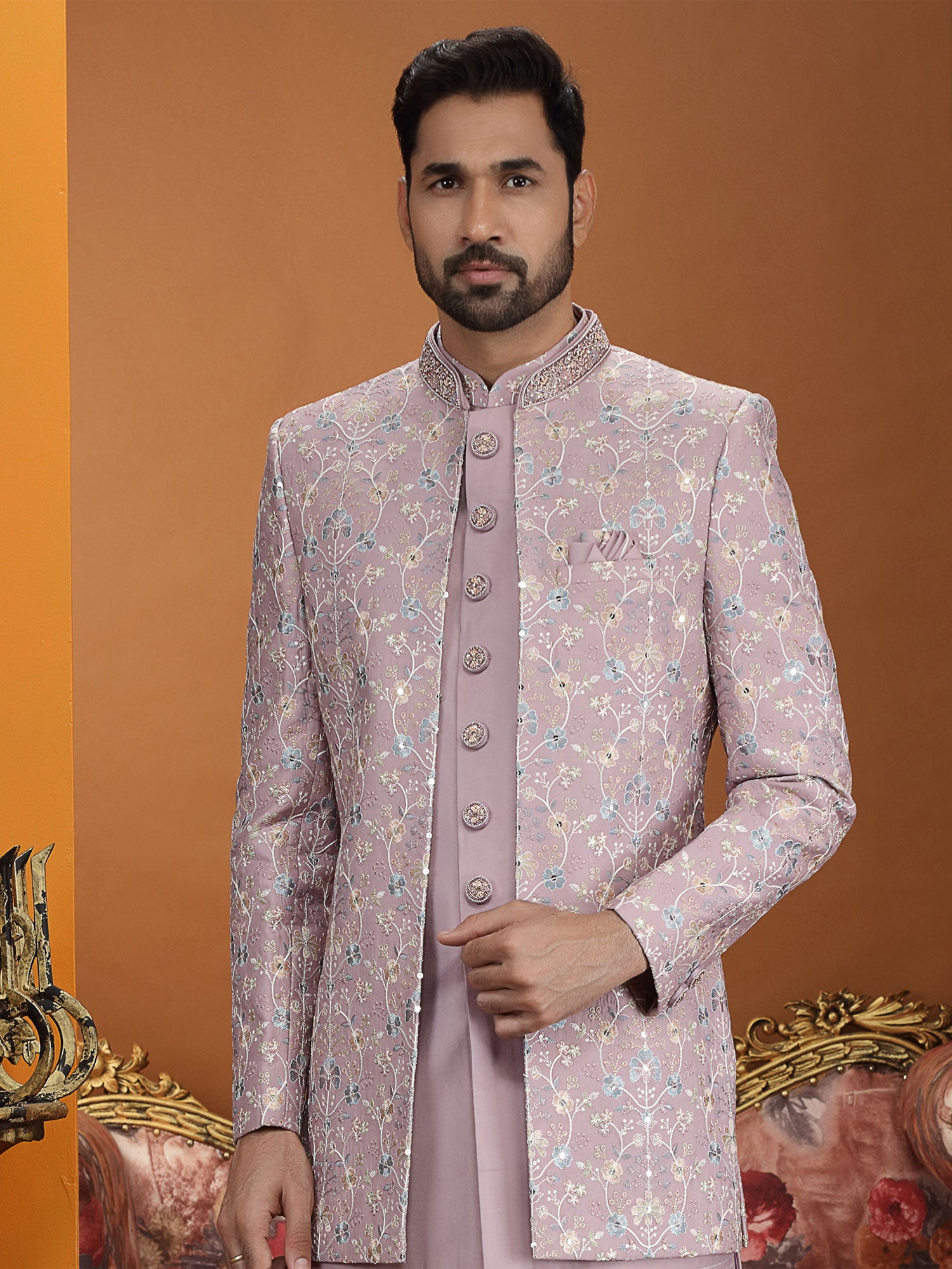 Pink Floral Work Embroidered Indo Western Set