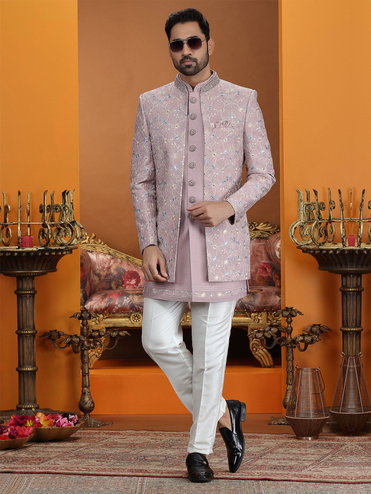 Pink Floral Work Embroidered Indo Western Set