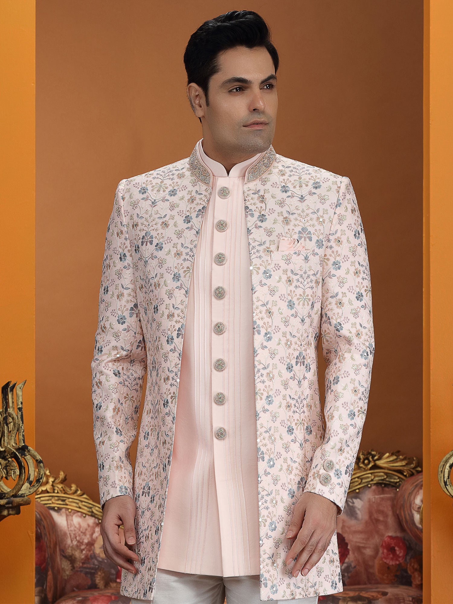 Peach Silk Indo Western Set In Floral Embroidery