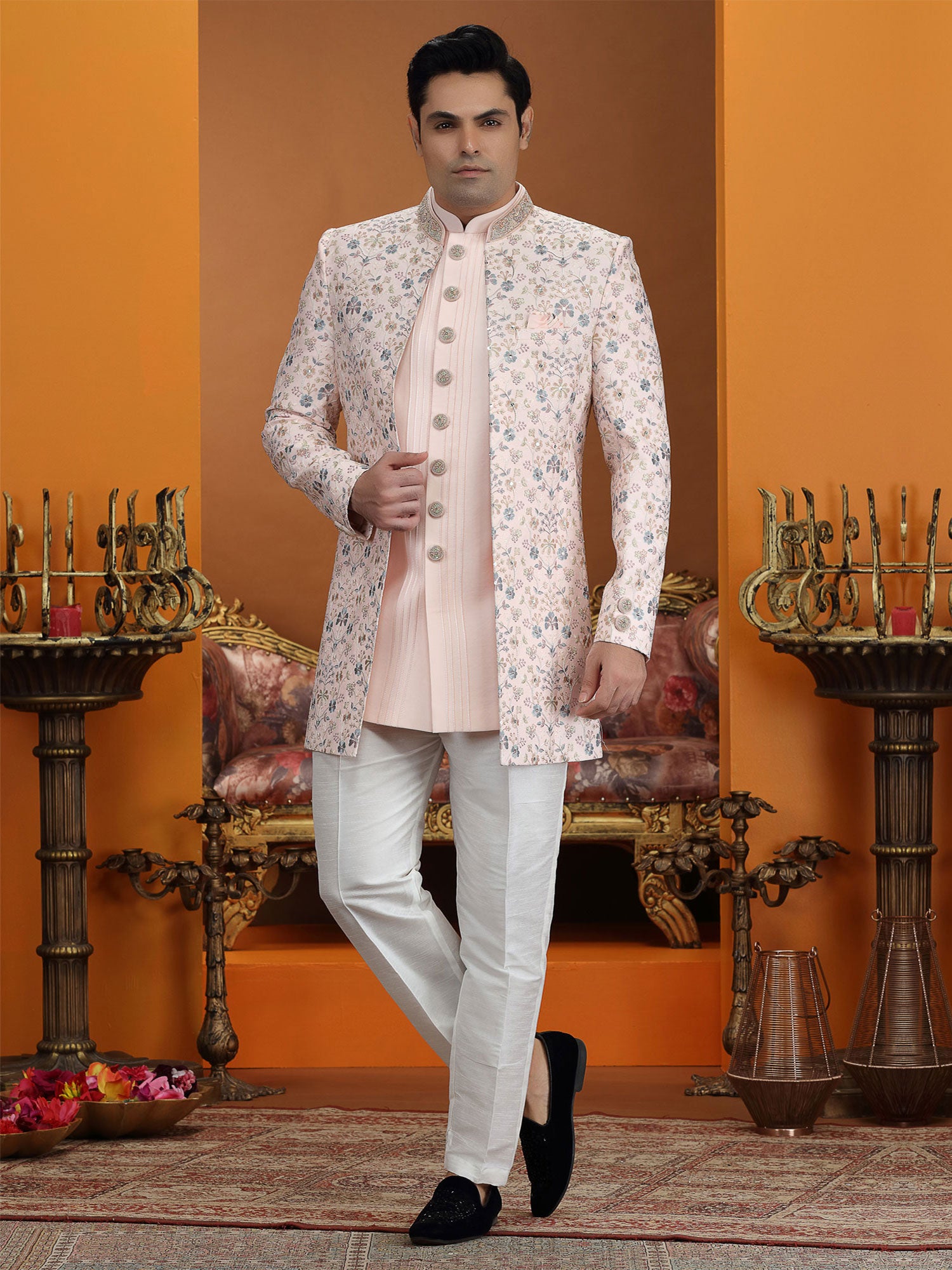 Peach Silk Indo Western Set In Floral Embroidery