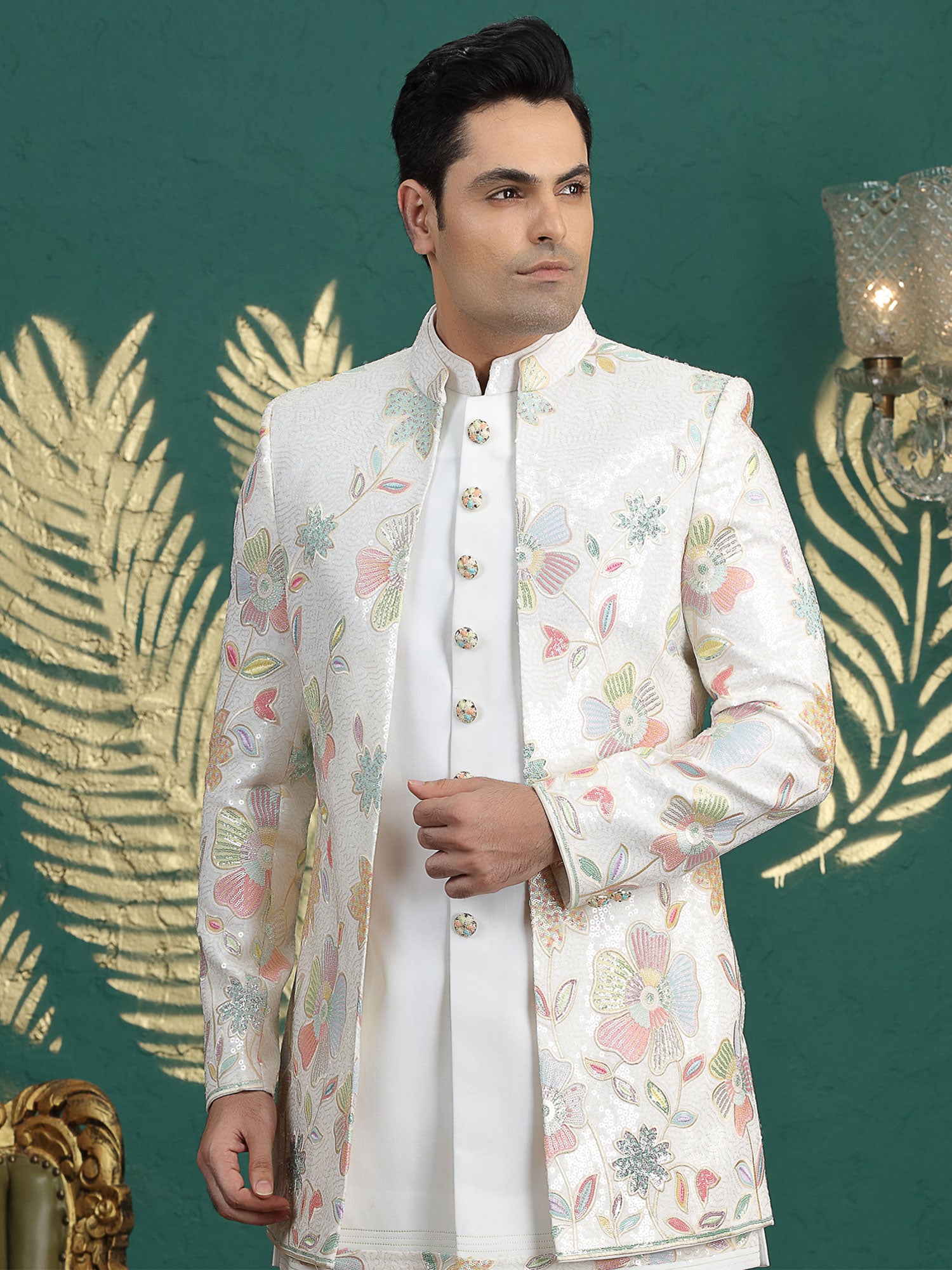 Off White Sequins Embellished Wedding Indowestern