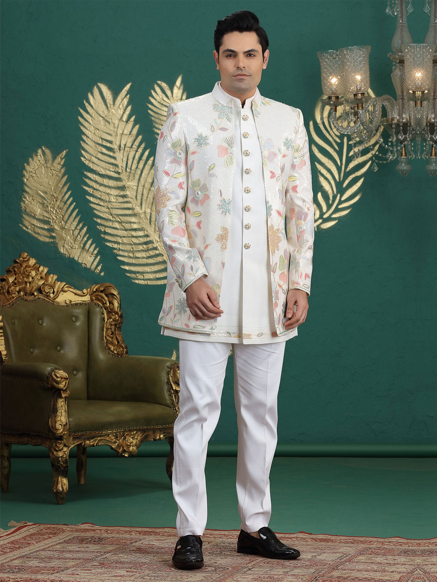Off White Sequins Embellished Wedding Indowestern