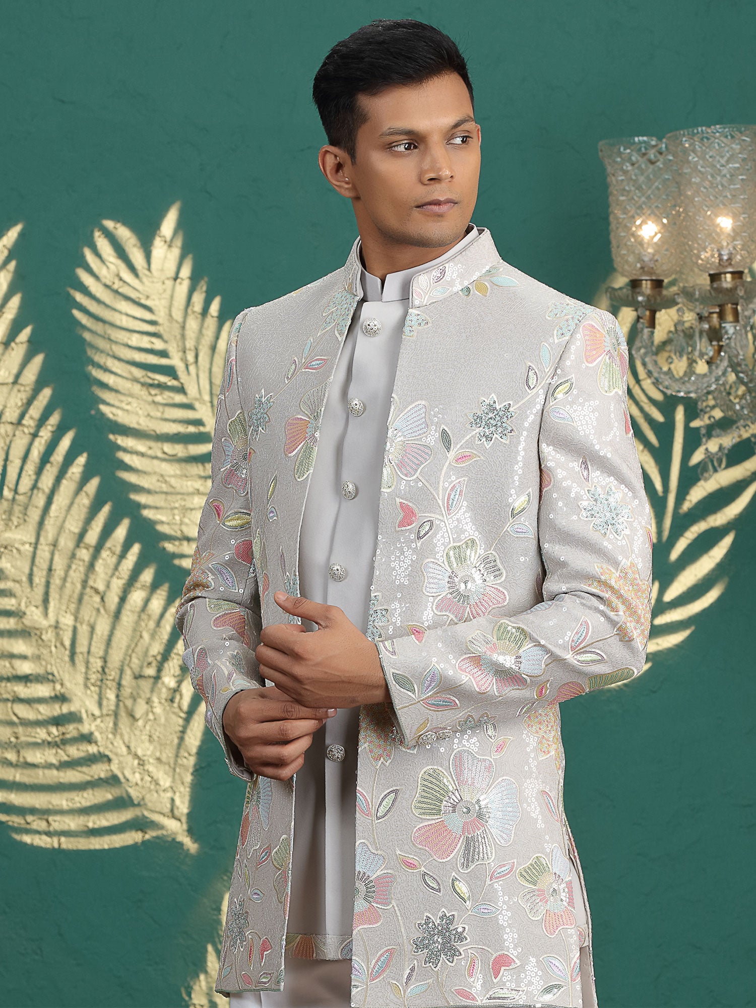 Grey Jacket Style Silk Indo Western For Mens