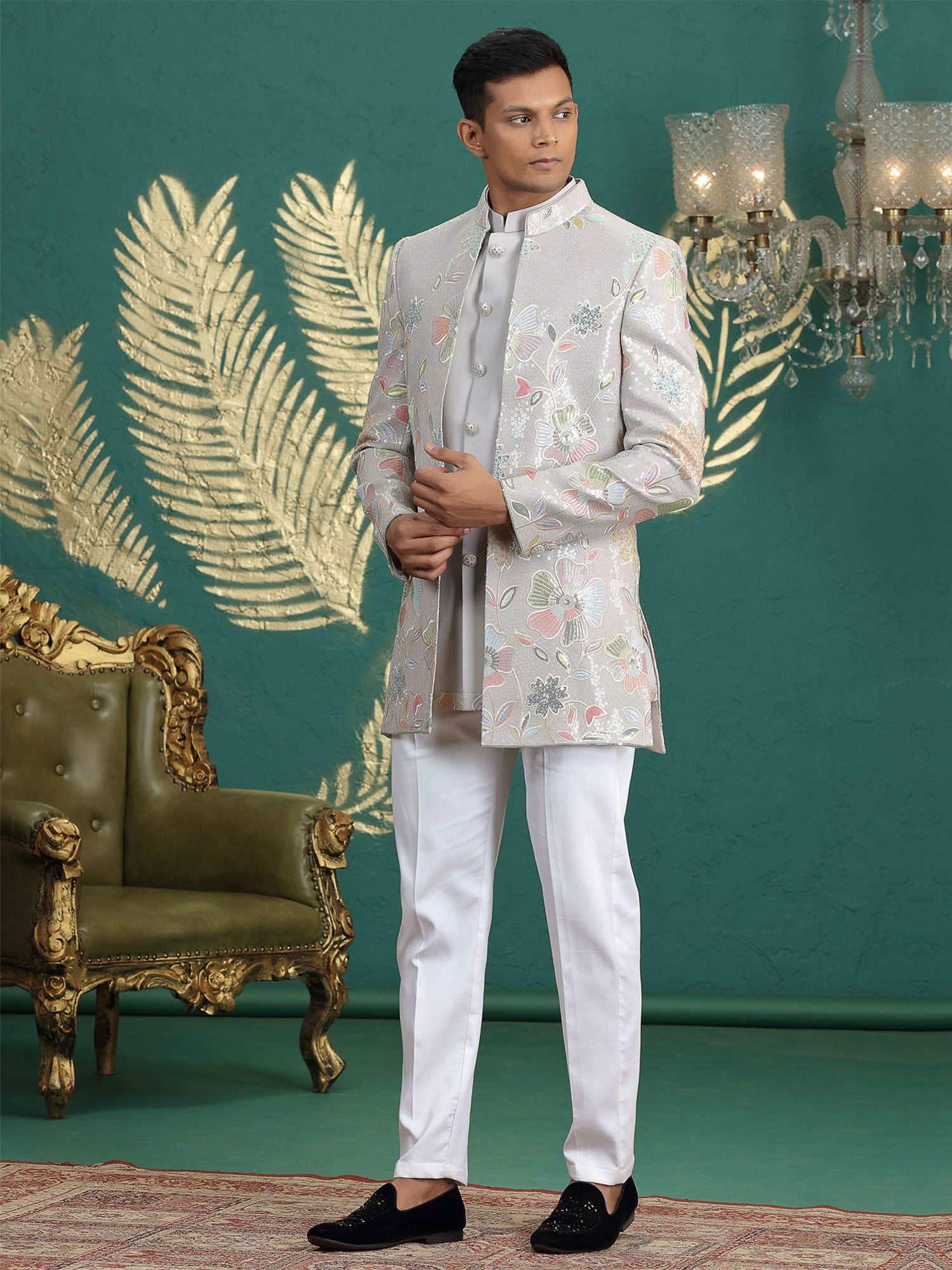 Grey Jacket Style Silk Indo Western For Mens