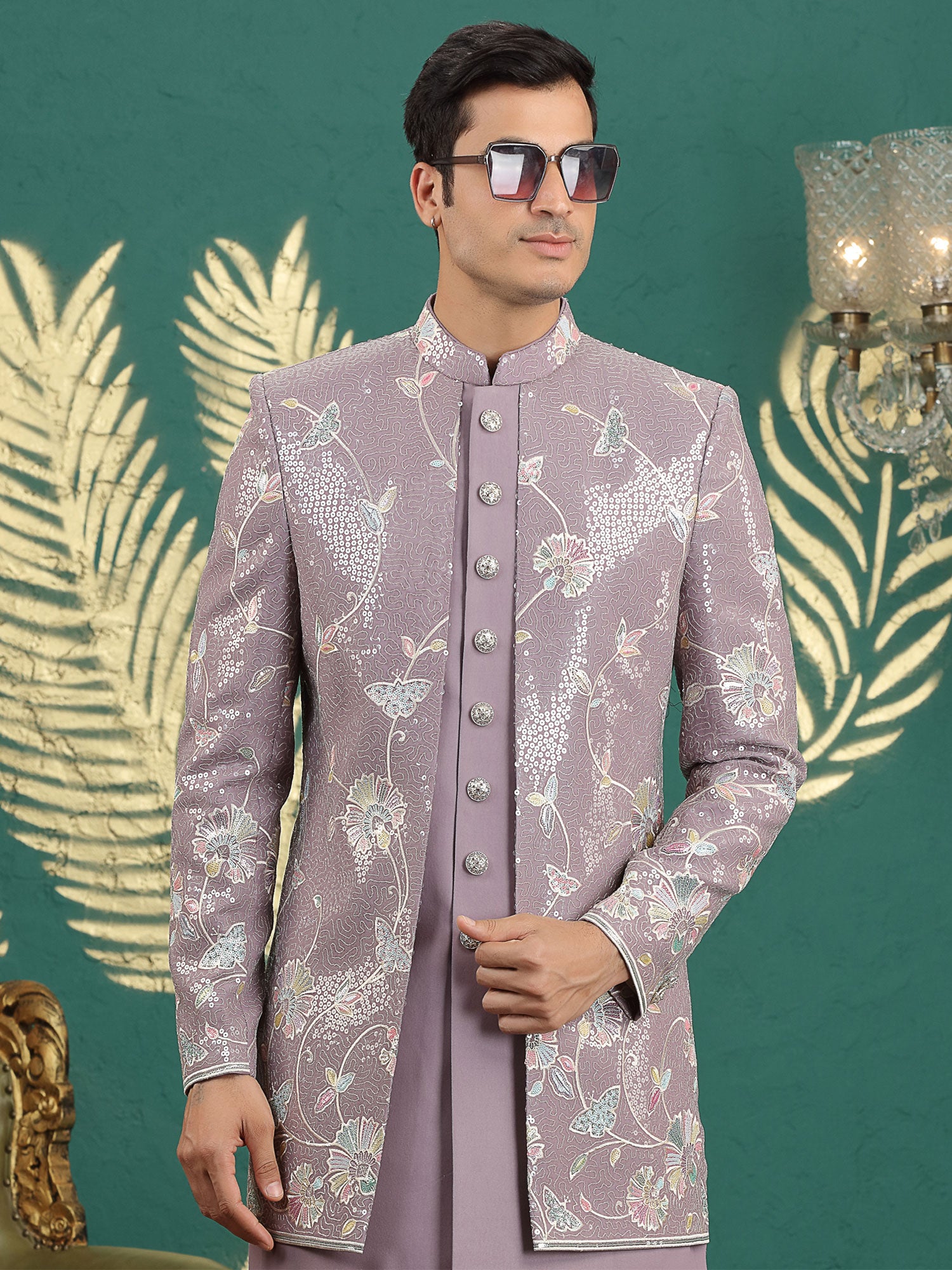 Lilac Embroidered indo Western Set For Mens