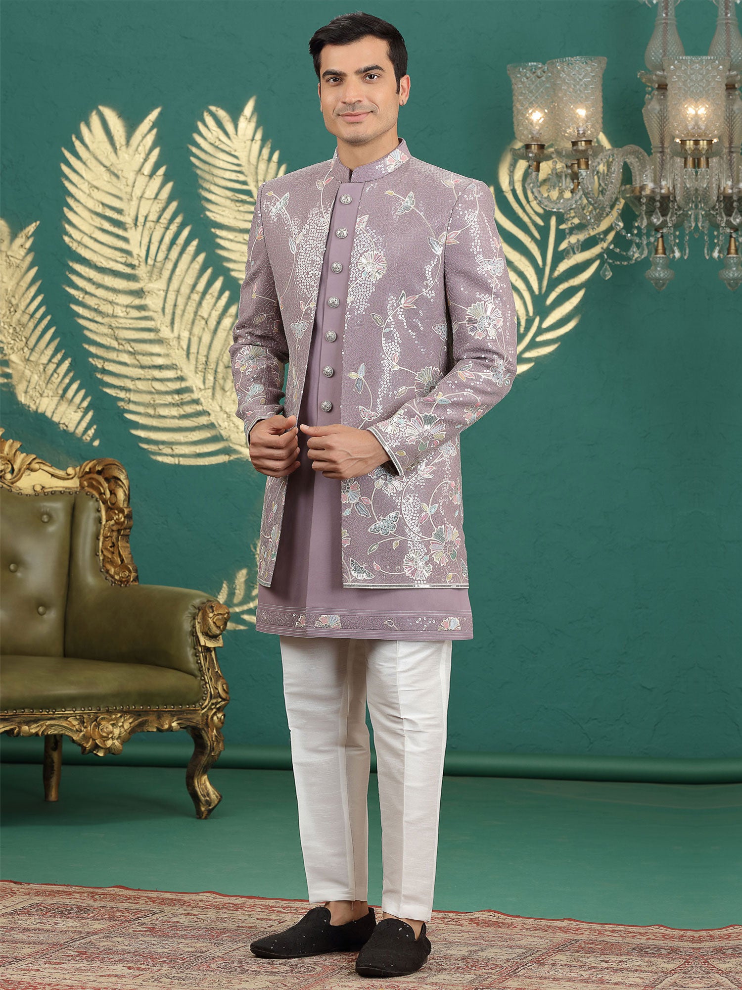 Lilac Embroidered indo Western Set For Mens
