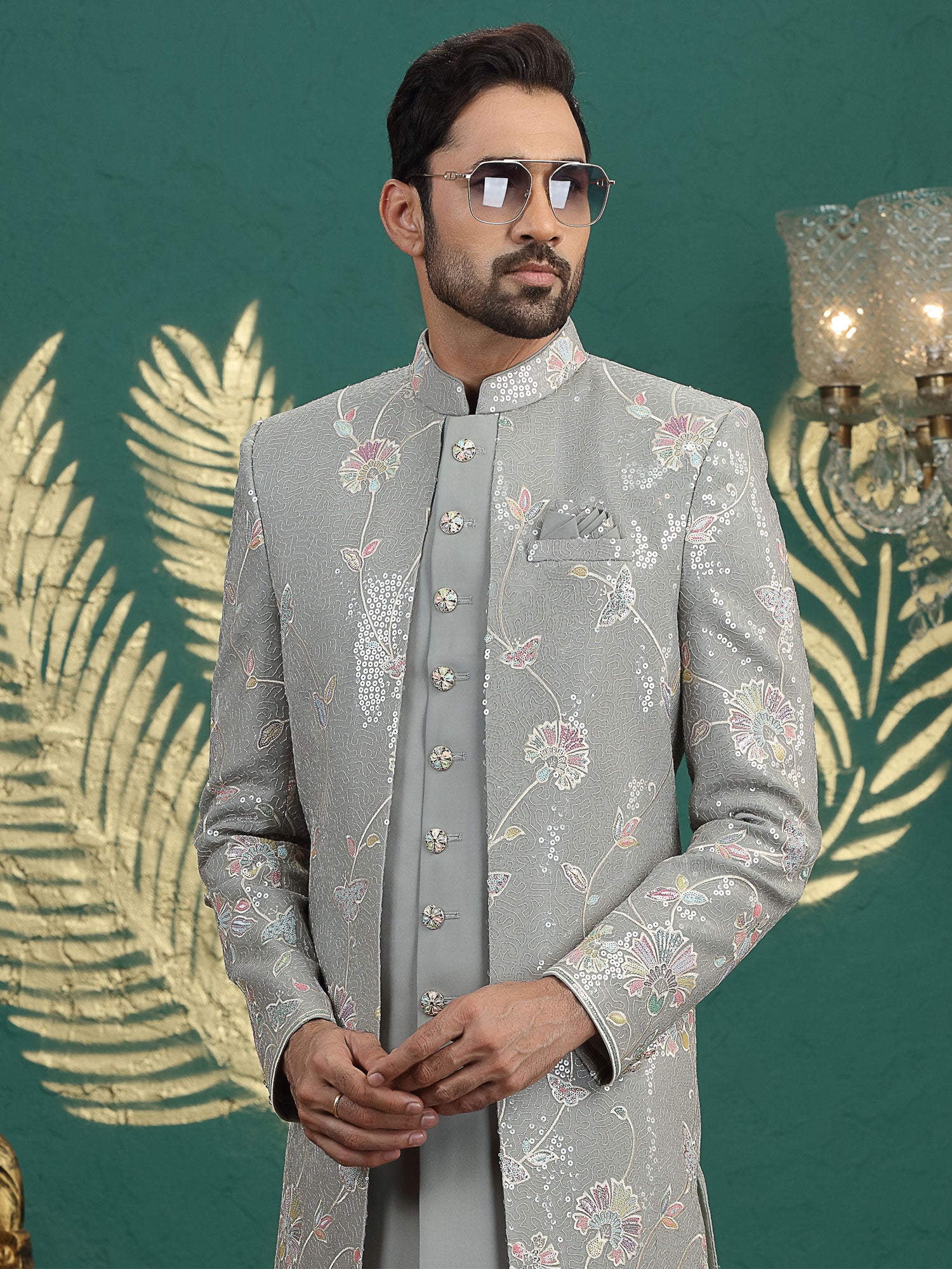 Grey Art Silk Indowestern Set In Floral Work