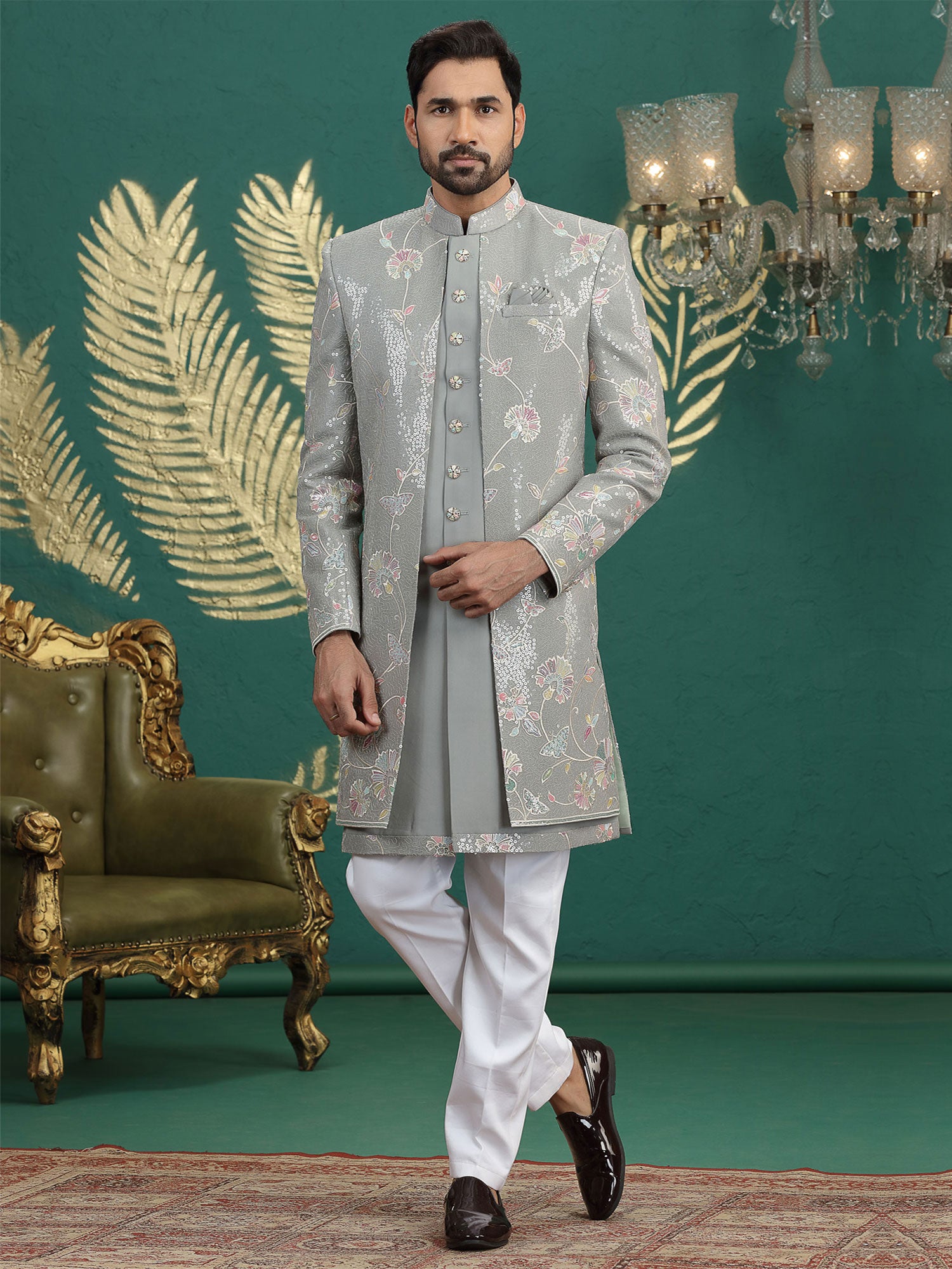 Grey Art Silk Indowestern Set In Floral Work