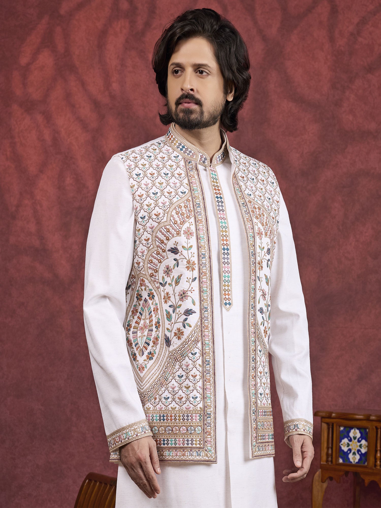 Cream Readymade Kurta Set With Nehru Jacket