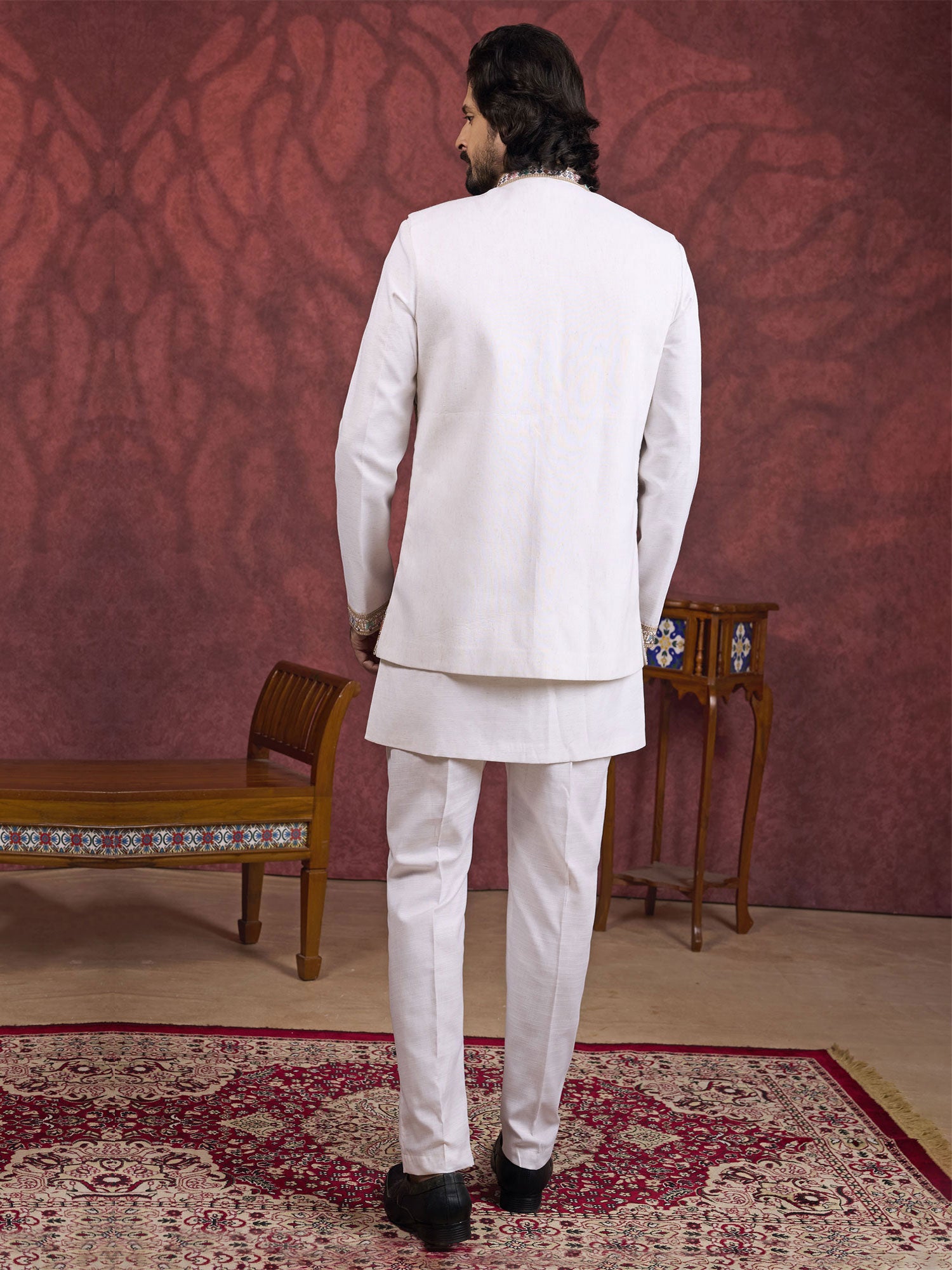 Cream Readymade Kurta Set With Nehru Jacket