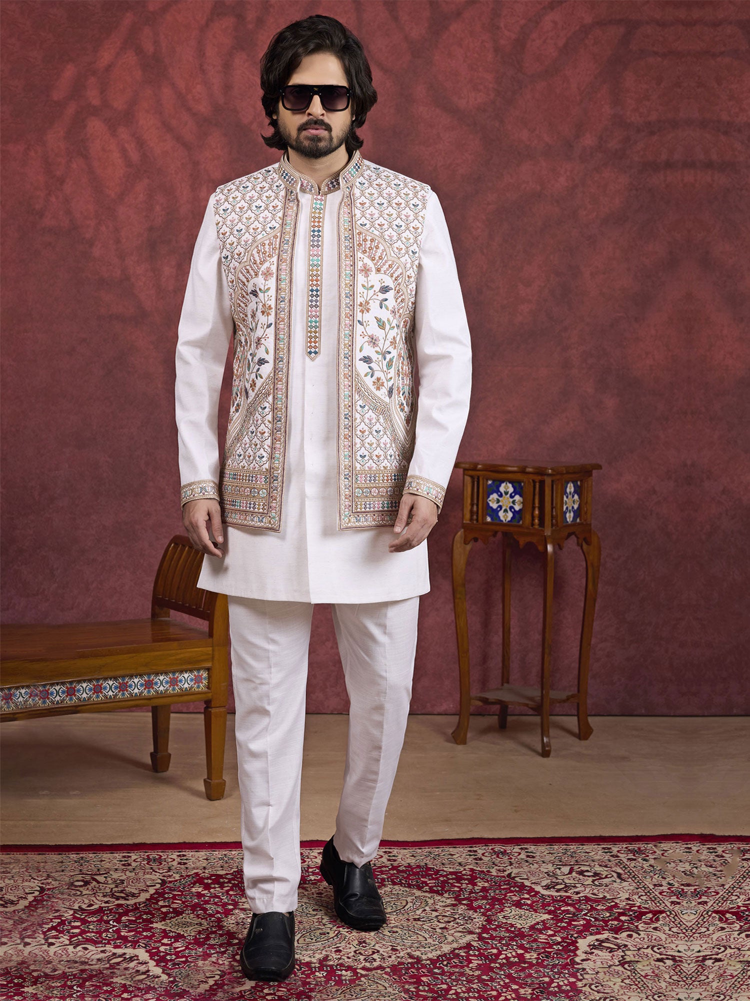 Cream Readymade Kurta Set With Nehru Jacket