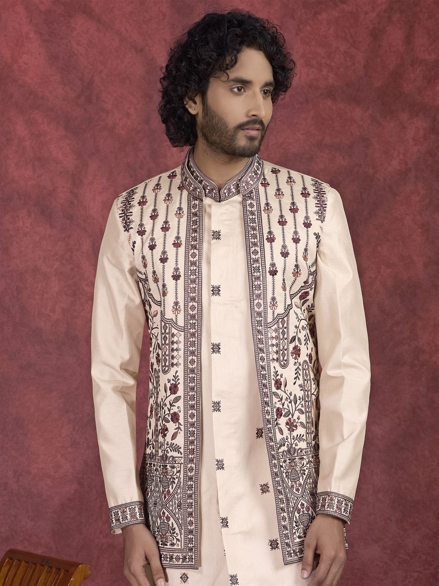 Brown Floral Thread Work Readymade Kurta Pyjama