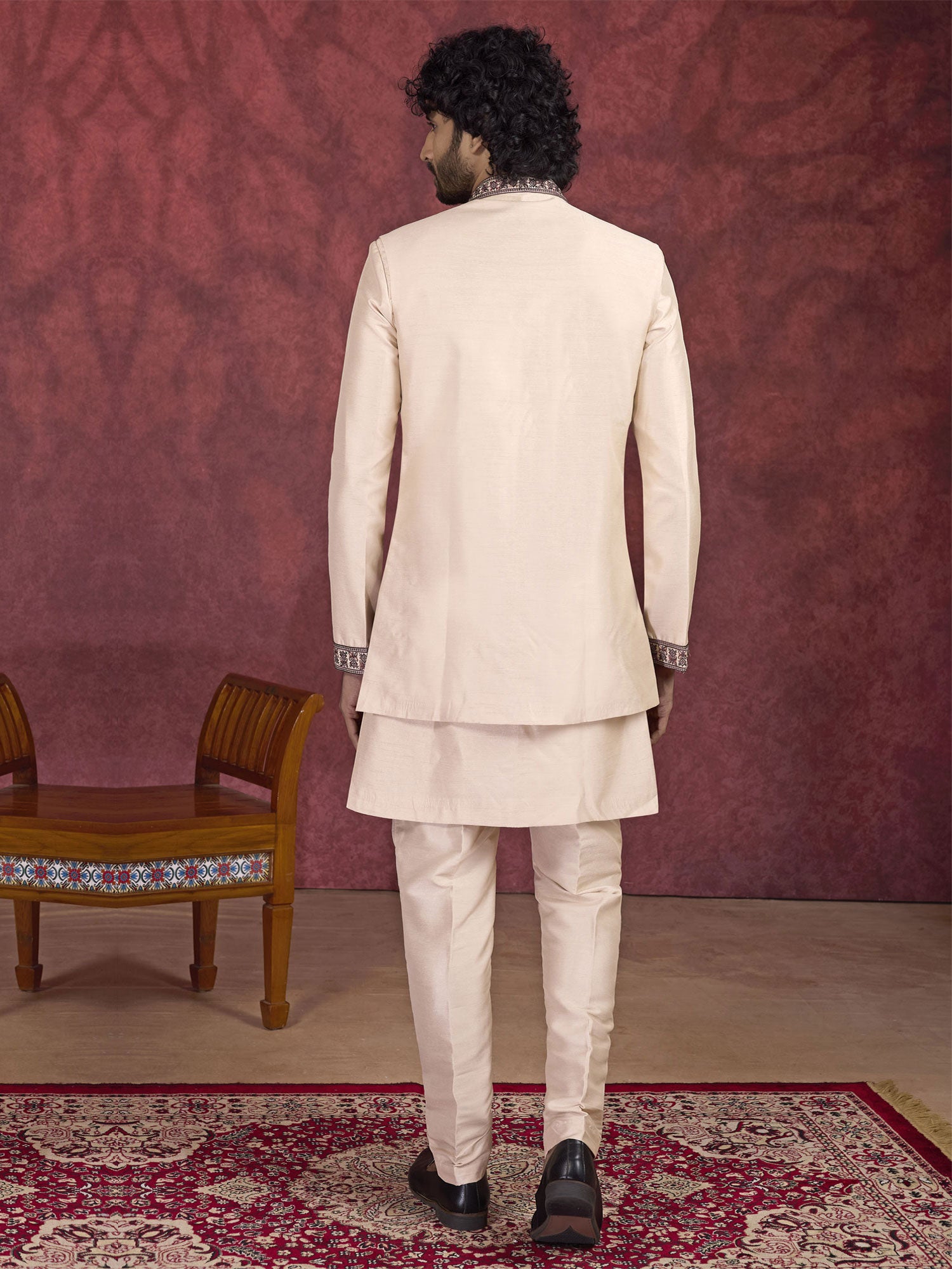 Brown Floral Thread Work Readymade Kurta Pyjama