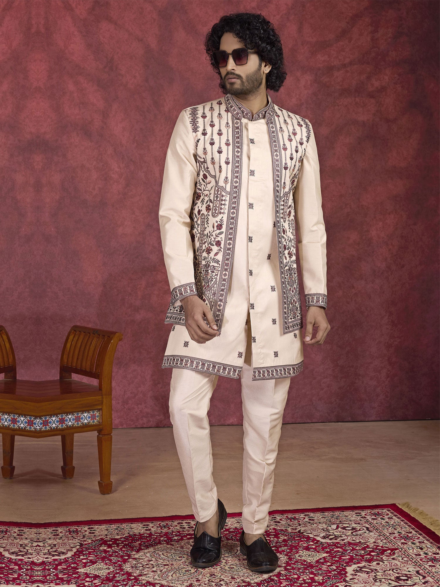 Brown Floral Thread Work Readymade Kurta Pyjama
