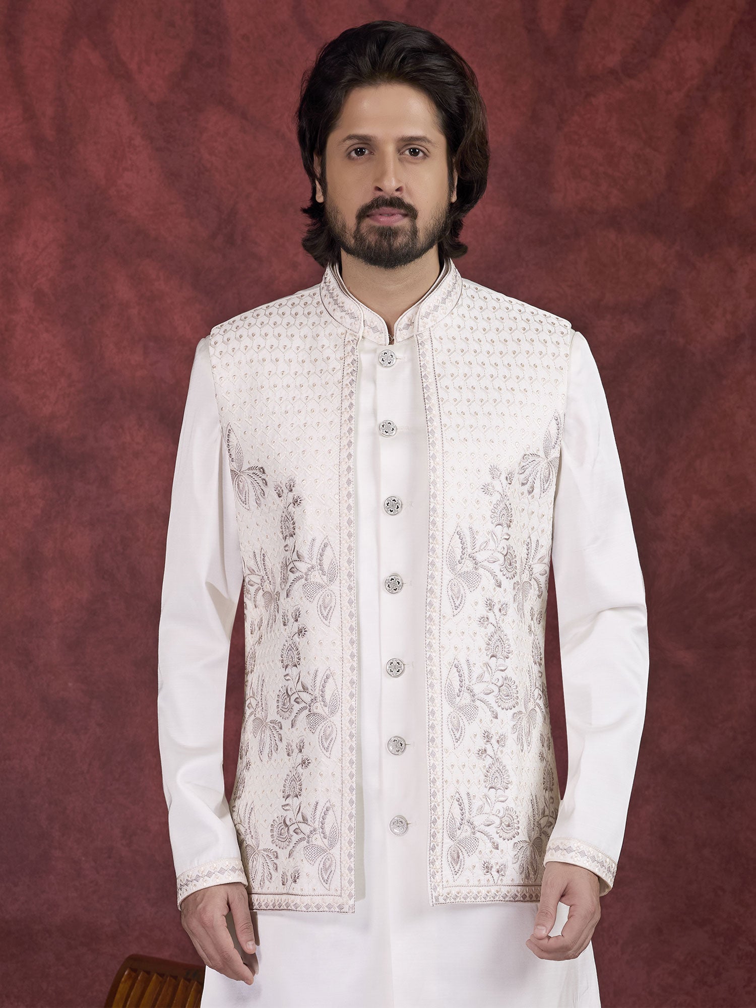 Off White Festive Wear Silk Kurta Pyjama Set