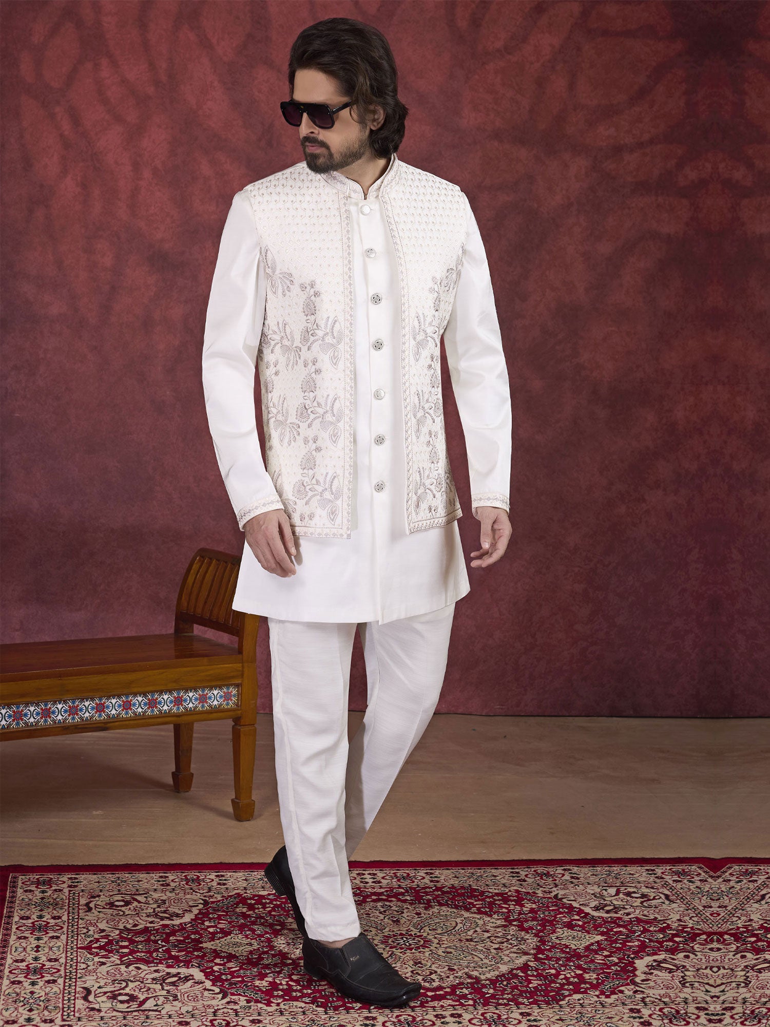 Off White Festive Wear Silk Kurta Pyjama Set