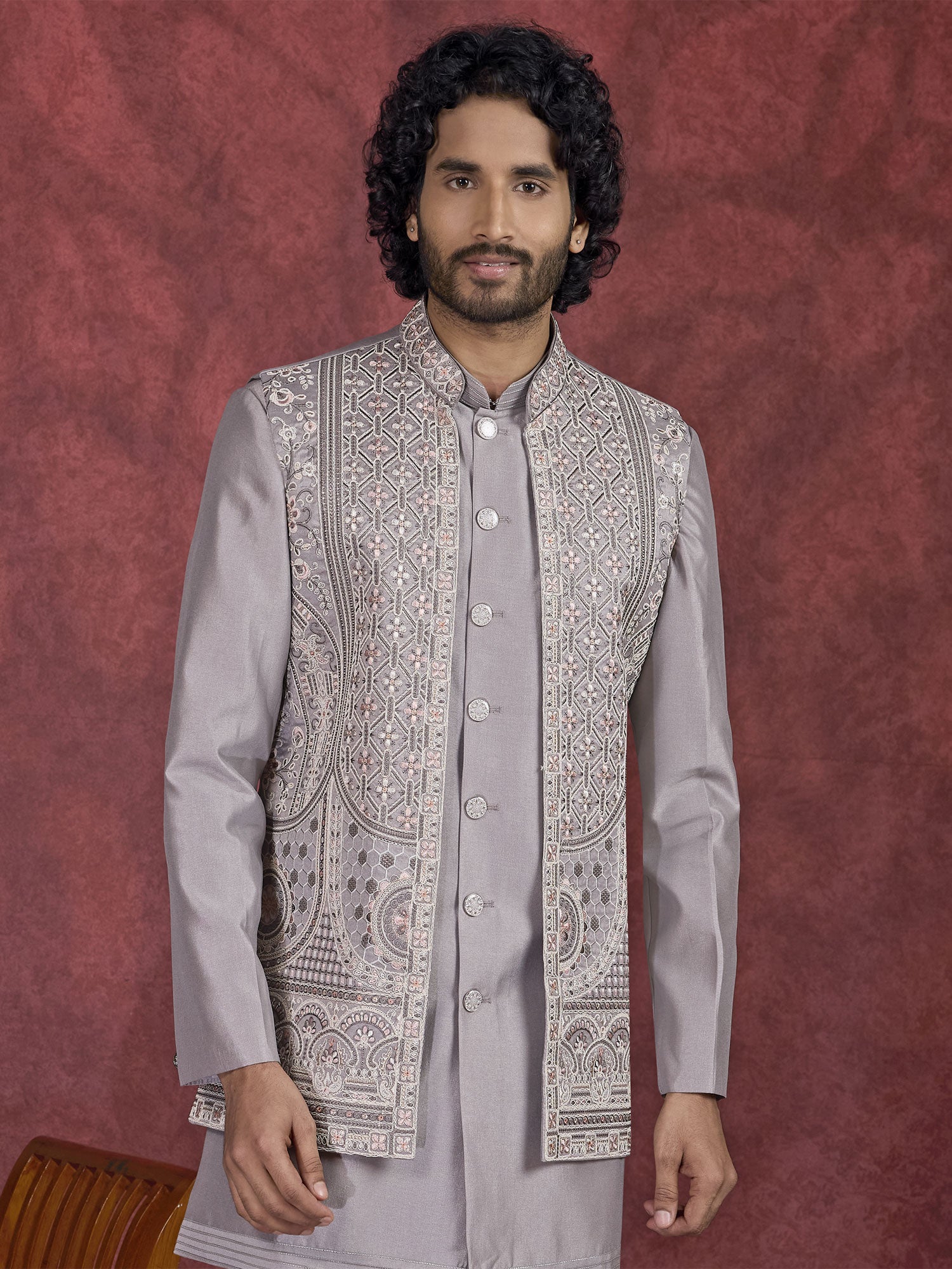 Grey Party Kurta Pyjama With Embroidered Jacket