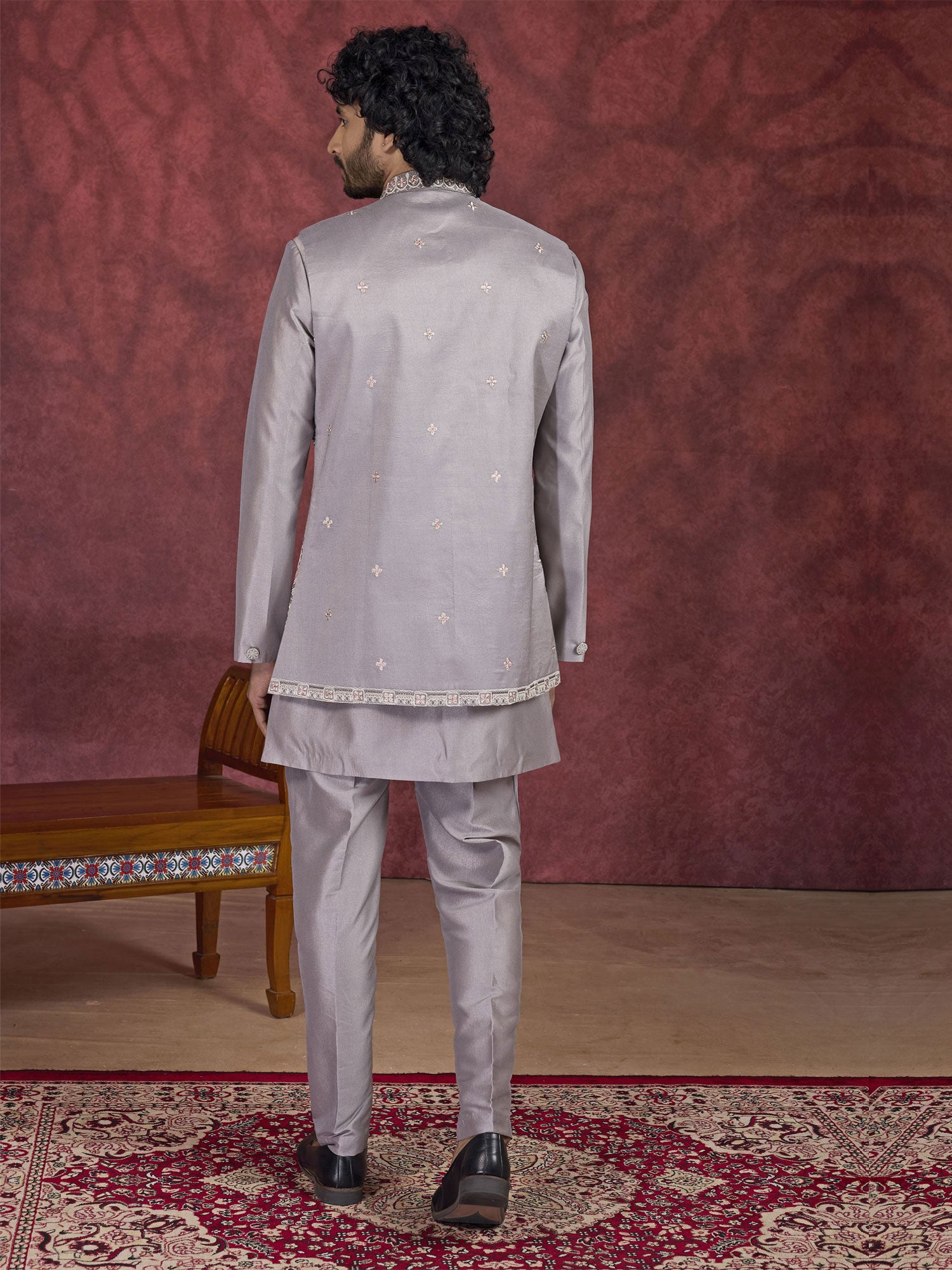 Grey Party Kurta Pyjama With Embroidered Jacket