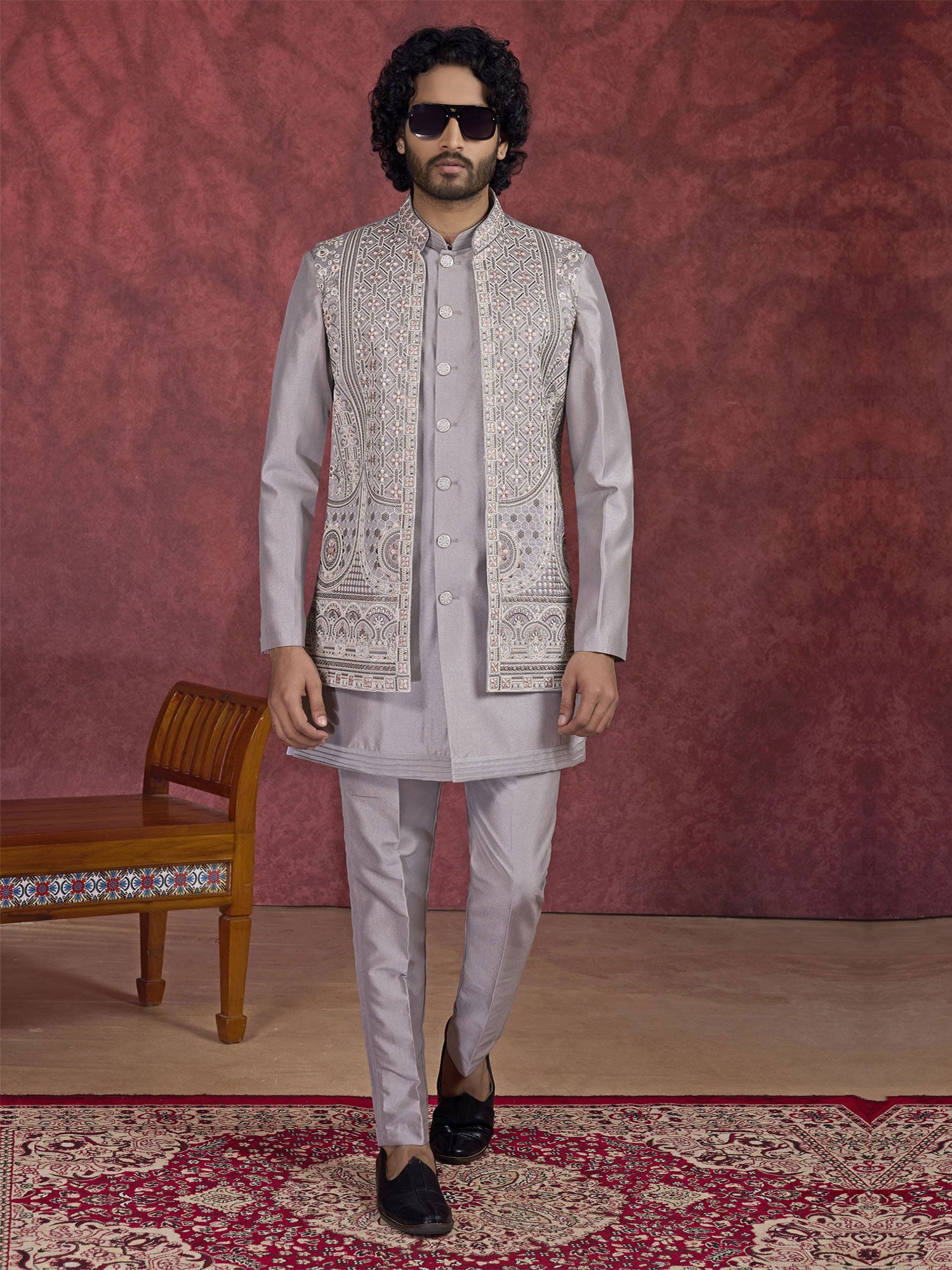Grey Party Kurta Pyjama With Embroidered Jacket