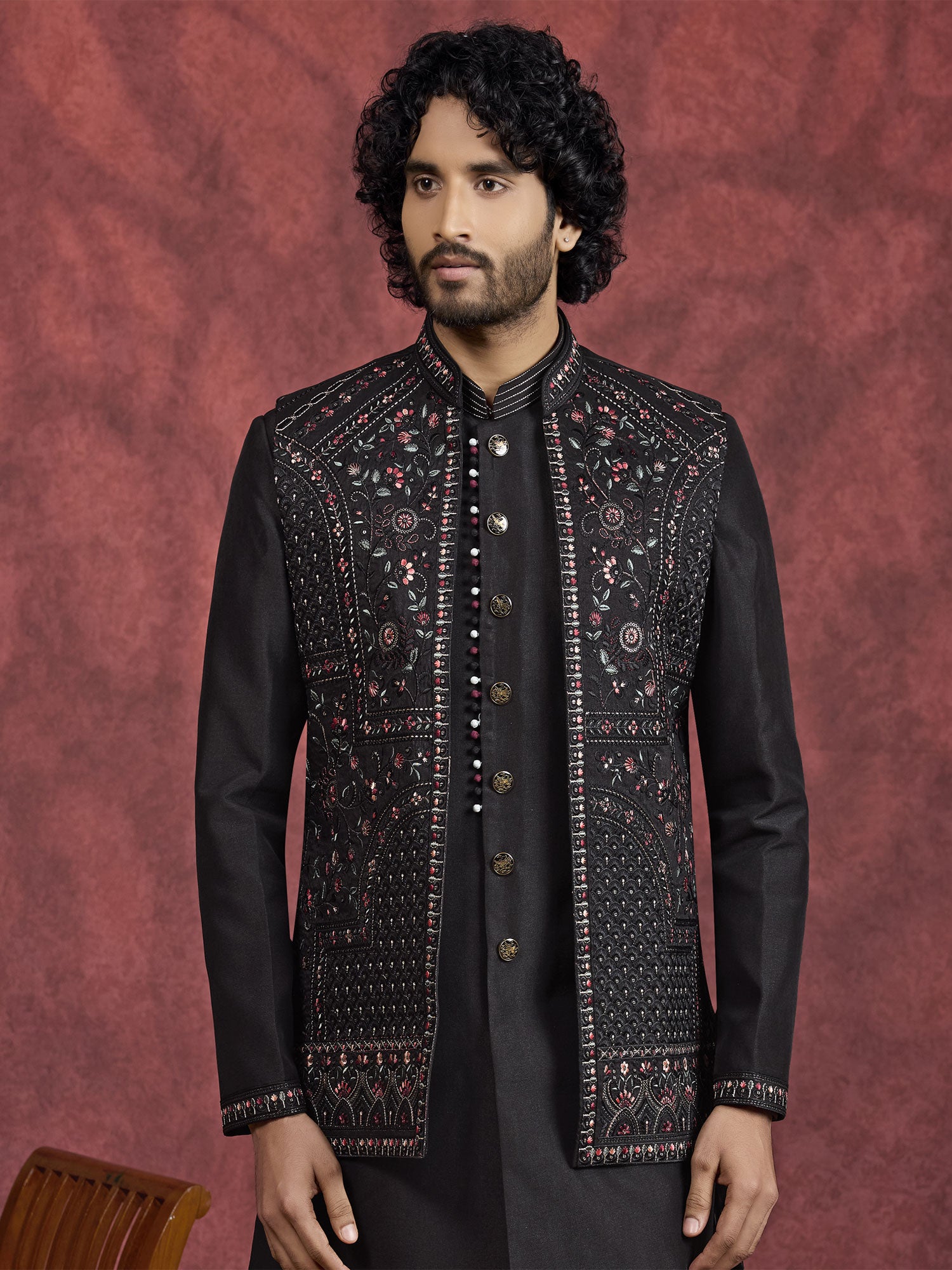 Black Embroidered Men's Readymade Kurta Set