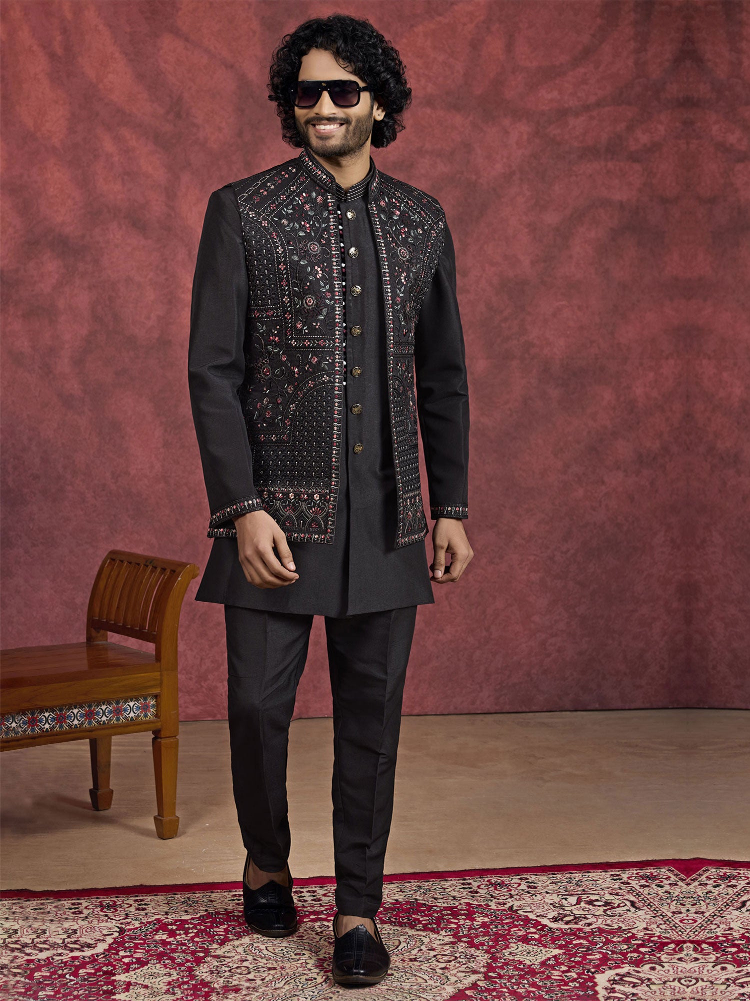 Black Embroidered Men's Readymade Kurta Set