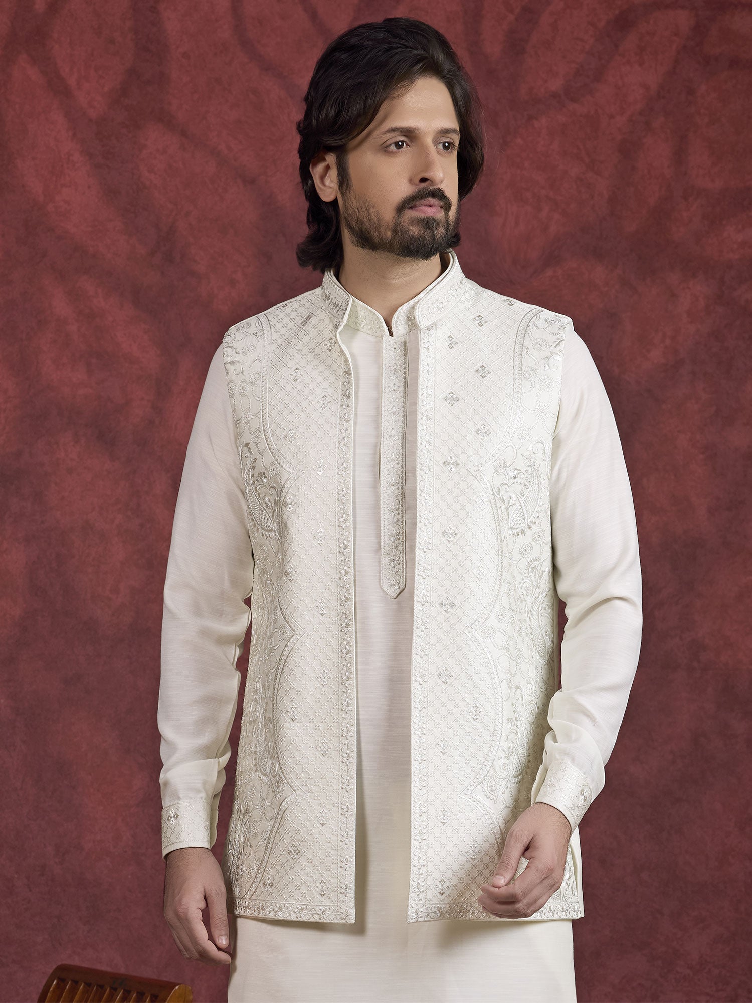 Beige Menswear Kurta Pyjama With Nehru Jacket