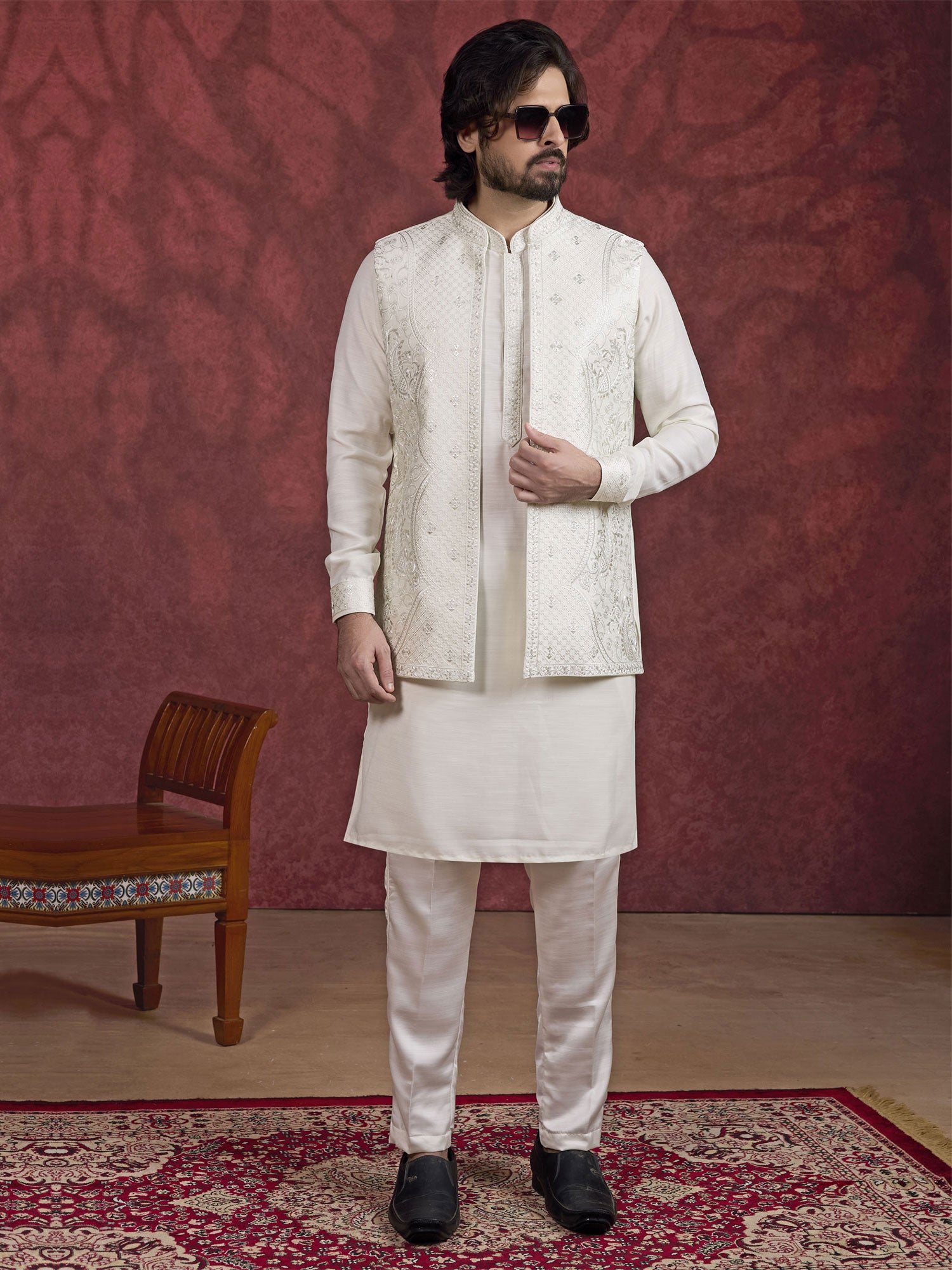 Beige Menswear Kurta Pyjama With Nehru Jacket