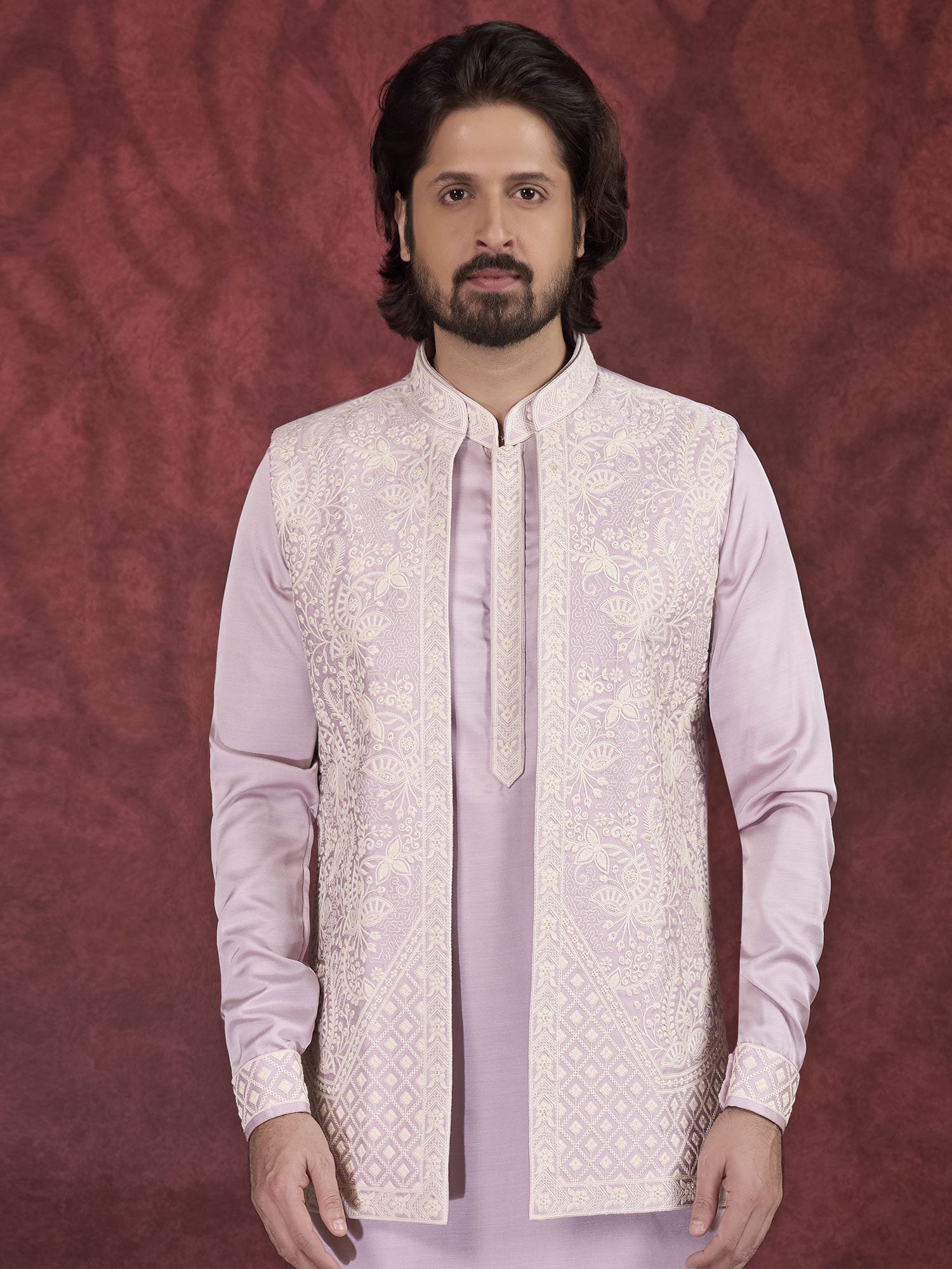 Lilac Art Silk Readymade Kurta Set For Mens