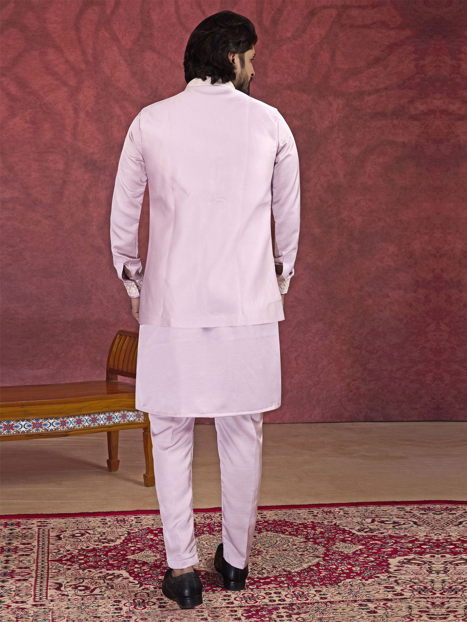 Lilac Art Silk Readymade Kurta Set For Mens