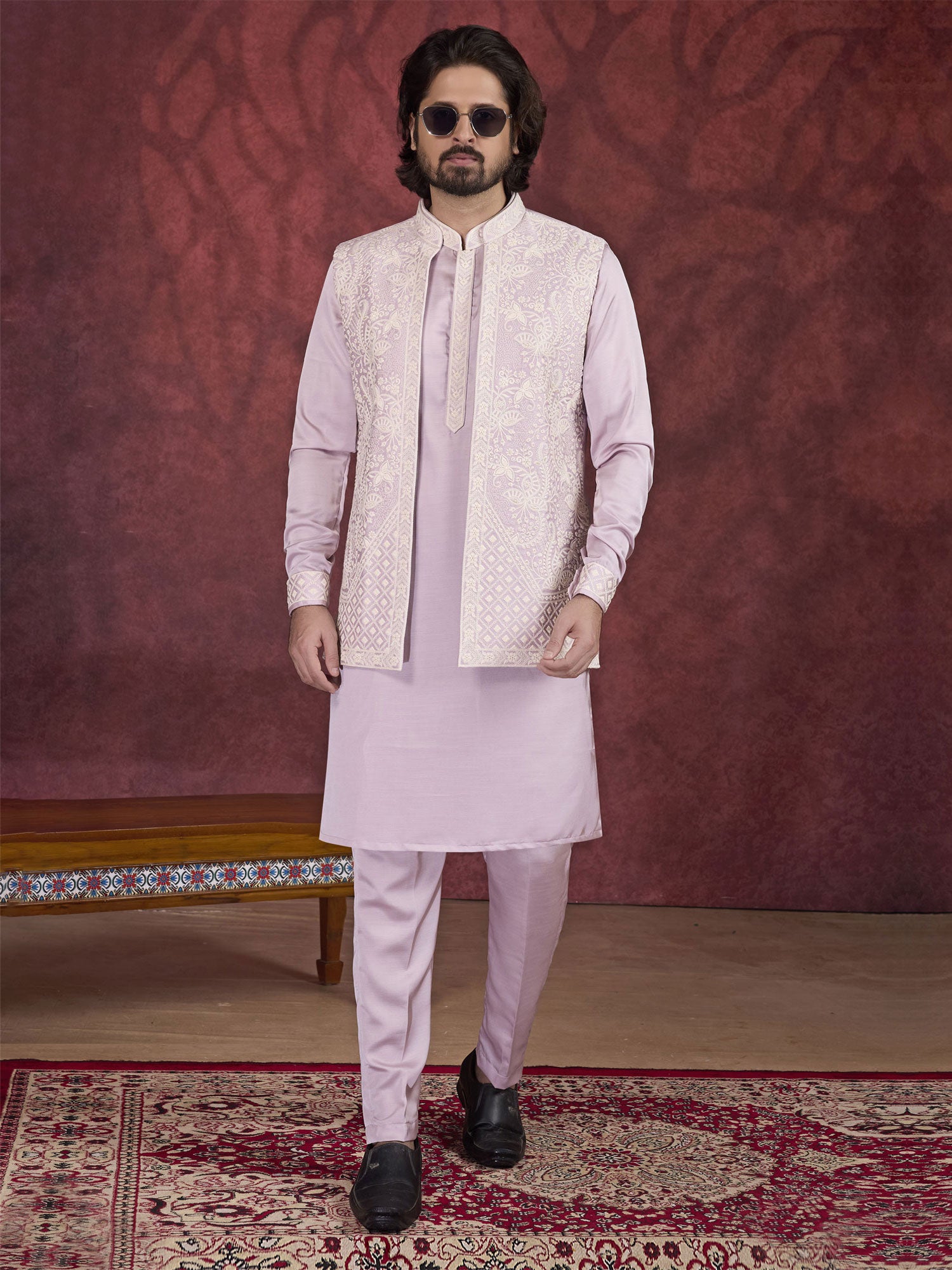 Lilac Art Silk Readymade Kurta Set For Mens