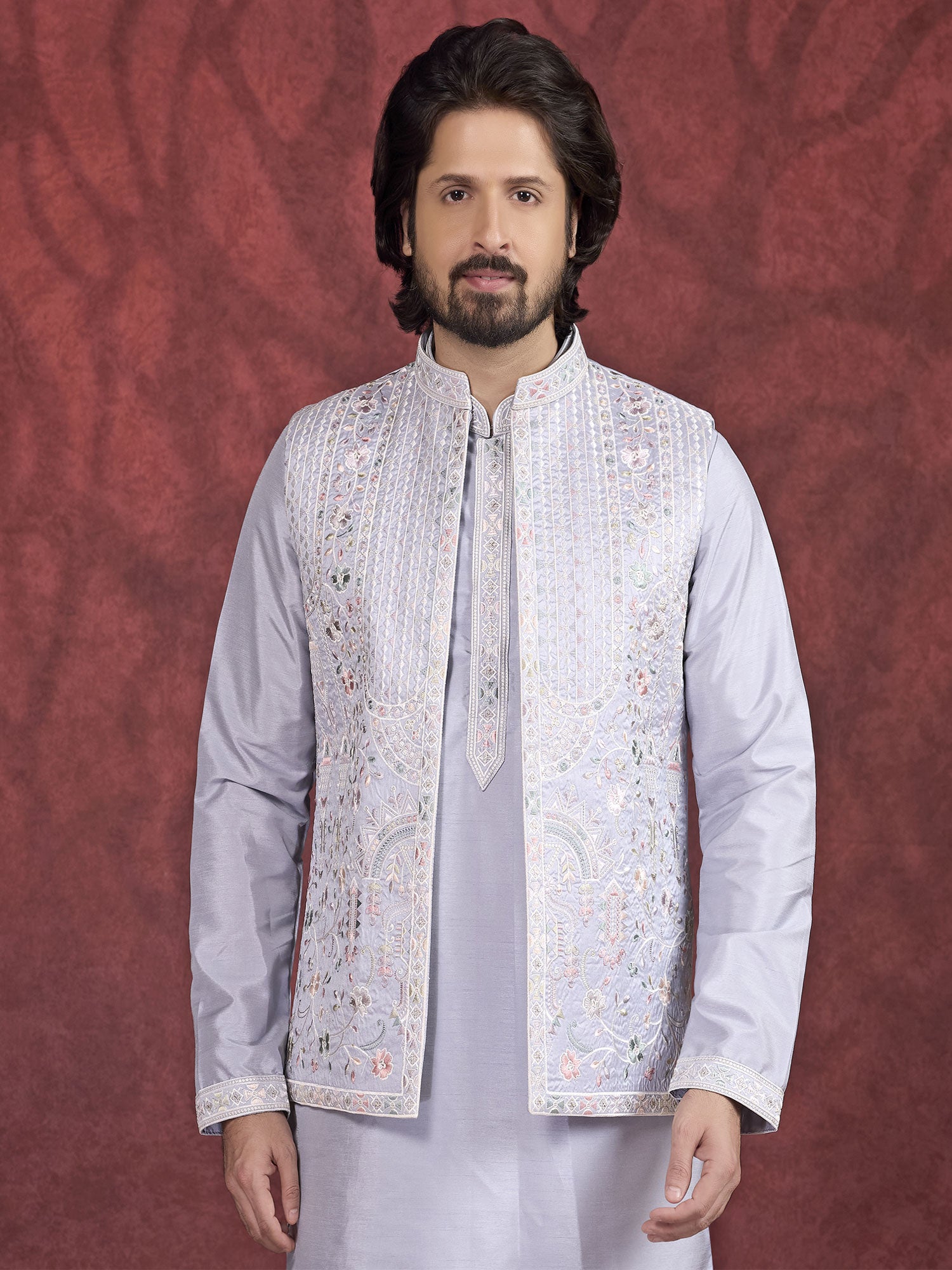 lavender Purple Silk Kurta Set With Embroidered Jacket